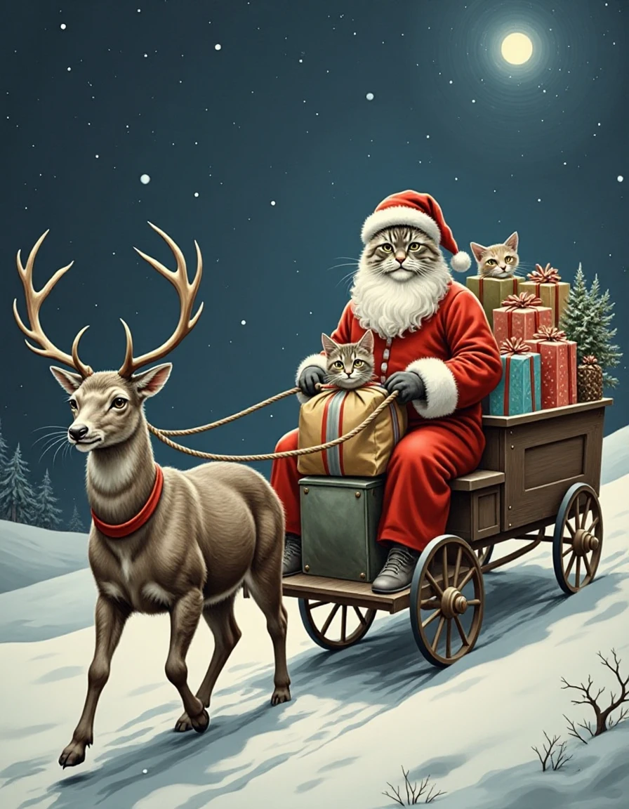 Vintage-Xmas, grey cat as a santa claus,the cat riding a santa claus cart vehicle was tide to deer in front of cart,with gift bags in conjunction with the chirstmas celebration,the atmosphere in the snowy and cold hills,the falling snow grains are clearly visible,the night sky with sparkling of star.Ultra hyper-realistic,hyper-detailed. <lora:Vintage-Xmas:0.5>