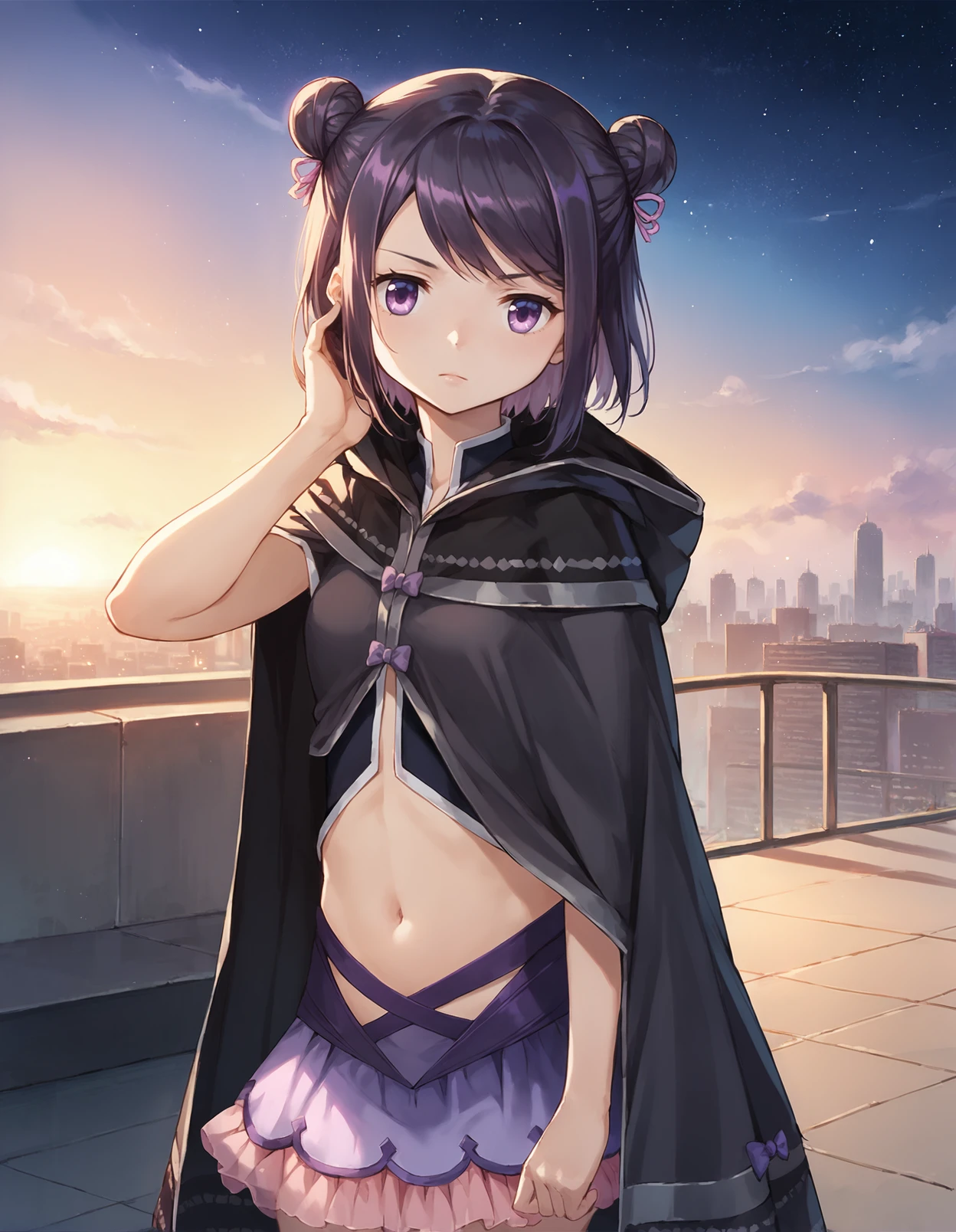 score_9, score_8_up, score_7_up, score_6_up, a girl standing on the city roof with a serious look, source_anime, detailed, solo focus, colorful, 1girl, perfect lighting, upper body, medium shot, mgrckuroe, black hair, purple eyes, grey hooded cloak, hood down, double bun, pink hair bows, purple bows, black top, purple frilled skirt, pink see-through frills, (wind), outdoors, night, sky, stars, (dynamic pose), looking to the side, hand in hair, (side view:0.5), <lora:mgrckuroe_XL:0.9>