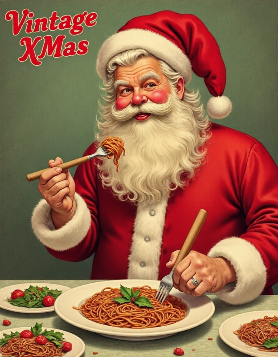 Vintage-Xmas, exact text Vintage XMas on top image,flat painting,flat illustration,Christmas themed,Christmas theme,Christmas elements,wearing Christmas hat,vintage illustration,cousin itt eating spaghetti,(masterpiece),ultra-detailed,best quality,8K,High-resolution,Extremely sharp detail without blurring,extremely intricate detail,extremely realistic,Award-winning artwork,HD32K, <lora:Vintage-Xmas:0.75>