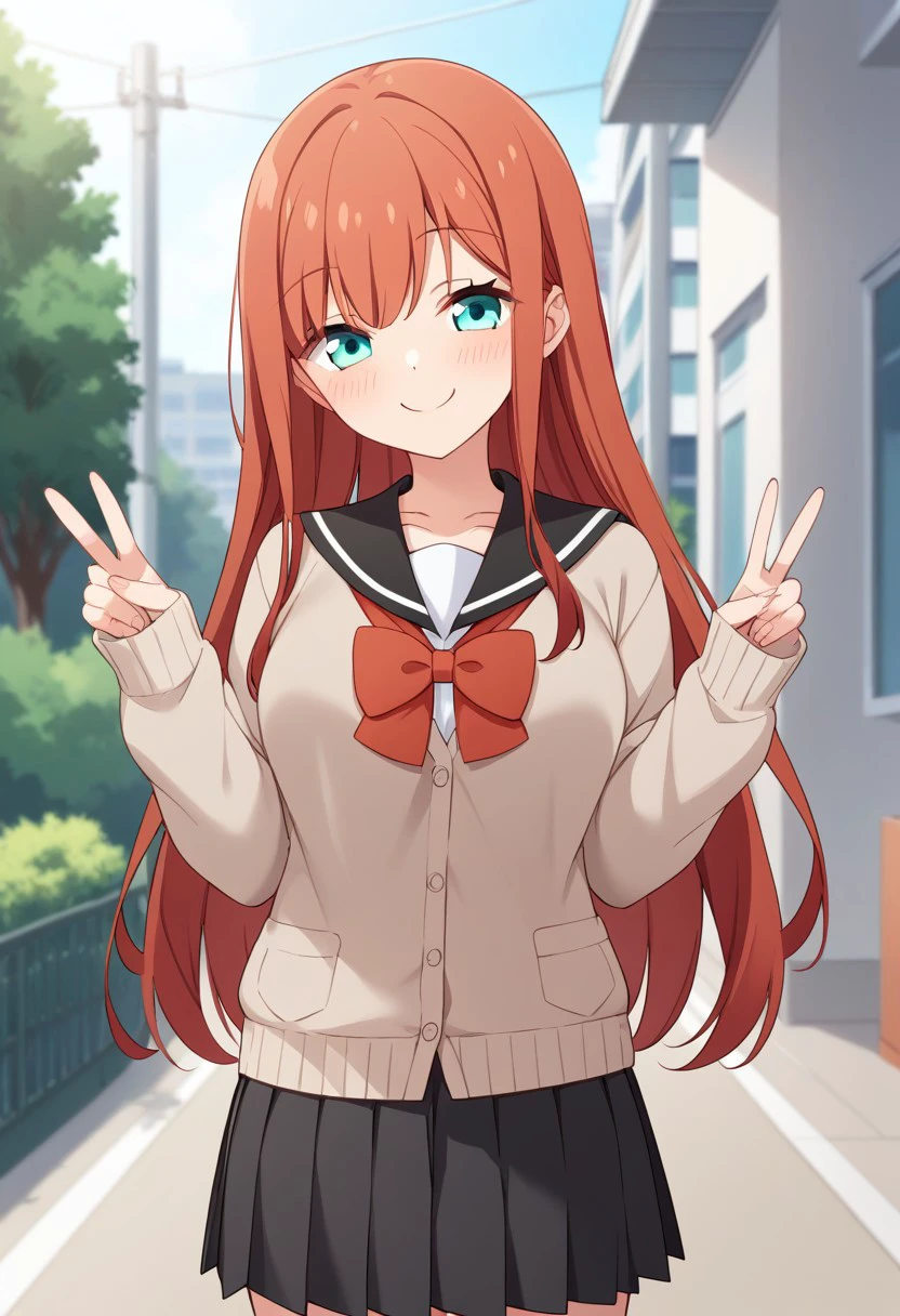 score_9,score_8_up,score_7_up, source_anime, solo, Minagawa yuki, red hair, long hair, aqua eyes, Serafuku, cardigan, long sleeves, red bow, skirt, pleated skirt, smile, closed mouth, perfect breast, peace sign, outdoors, perfect anatomy