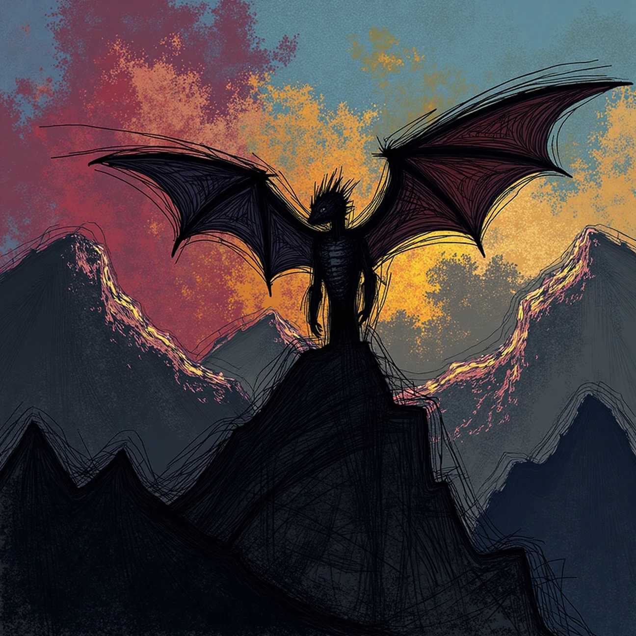 dark scribble of a dragon in the moutain vivid color