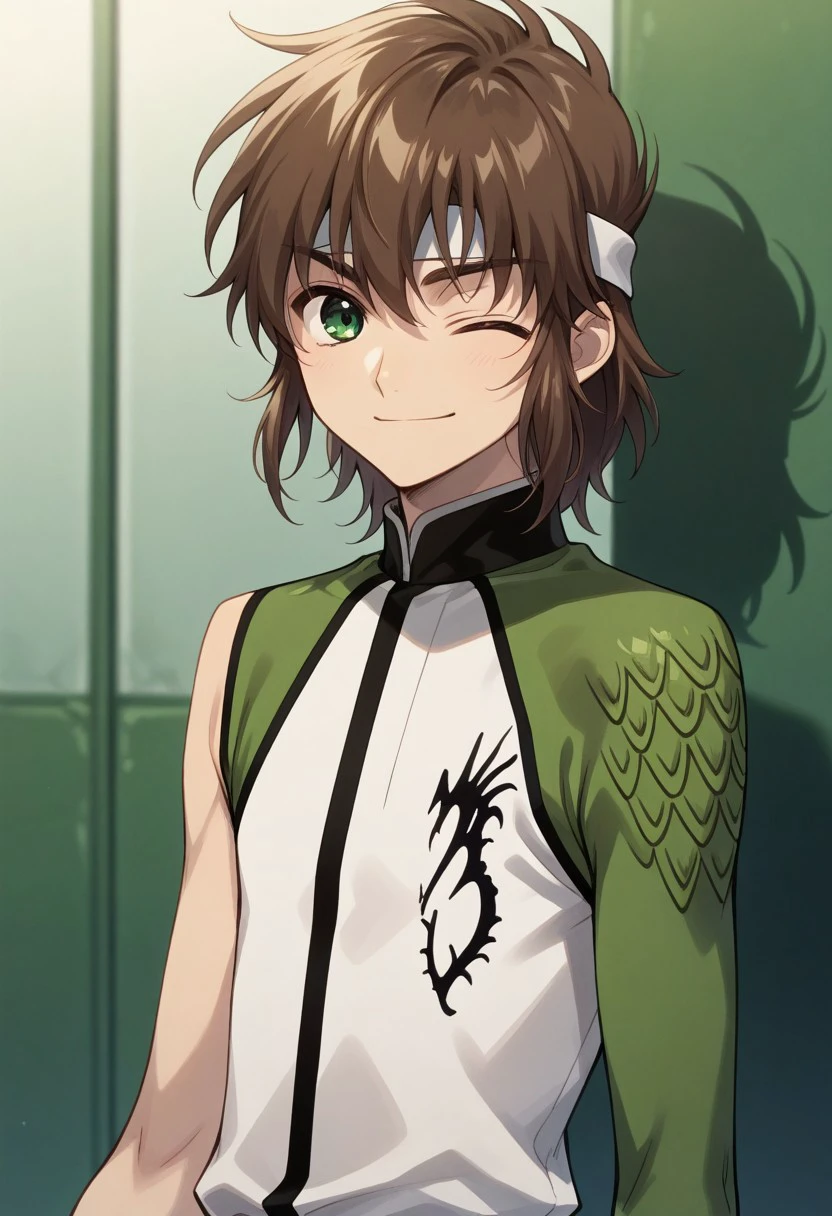 masterpiece, best quality, 
ryutsub, 1boy, male focus, solo, brown hair, medium hair, green eyes, headband, white headband, pilot uniform, shirt, multicolored shirt, green shirt, white shirt, dragon print, single sleeve, smile,  one eye closed
outdoor