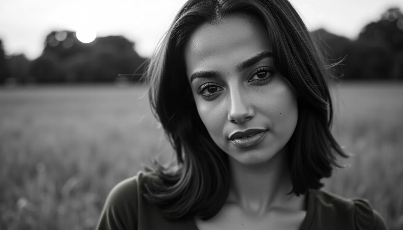 Close-up black and white portrait of meencohwx. She has shoulder-length, slightly tousled brown hair that frames her face, and soft, expressive eyes that look directly at the viewer with a contemplative expression.  Her lips are closed, appearing serious or thoughtful.  She is wearing a simple, dark-colored, likely casual, shirt. Subtle definition of her facial features and soft shadows accentuate her delicate cheekbones and nose.  The background is a soft, out-of-focus field of grass and trees, with a hint of a bright sun or light source visible in the background.  The overall impression is one of quiet contemplation.  Natural lighting evokes a slightly moody or introspective atmosphere.  The image evokes a sense of quiet contemplation and focuses on the subject's interiority. Composition is a close-up portrait perspective and the lighting creates a chiaroscuro effect.  Soft, diffused light highlights her face, bringing out nuances in her texture. Medium-close-up view.  Style leans towards portrait photography with a cinematic feel.