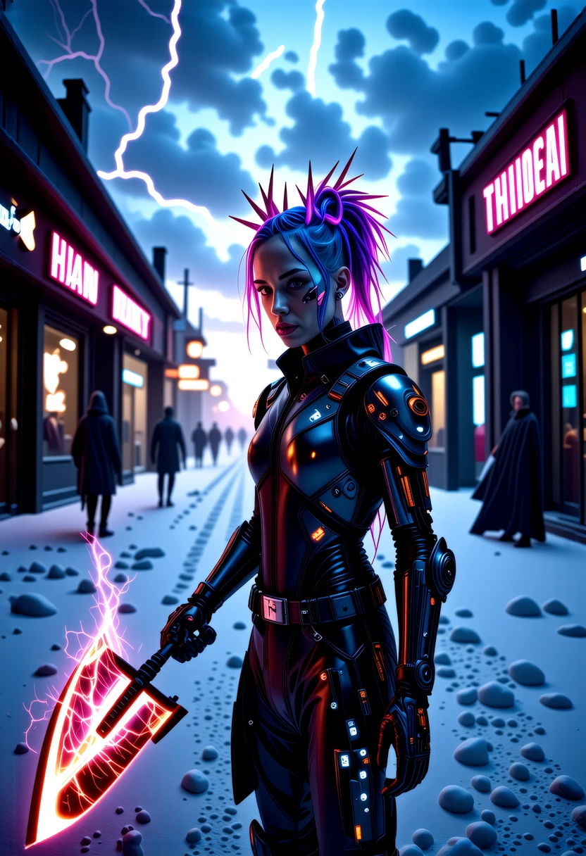 avantgardepunk style. Cutting-edge fusion of art, music, fashion, and technology featuring bold, colorful patterns, distorted proportions, abstract shapes, augmented mechanical enhancements. Include punk-inspired hairstyles, makeup, accessories, and an atmosphere of creativity and rebellion. at sunset, a cyberpunk_2077 person stands proudly outside a futuristic D&G-style boutique, sleek carbon fiber mechanical_arms, atmospheric perspective, hairstyle a riot of colorful spikes and dye, augmented enhancements visible, glowing circuits and fiber-optic strands and LEDs of pulsing with energy, and explosion of creative chaos, vibrant colors and bold outlines, style of Wayne Barlowe meets Jean-Paul Goude,  
A captivating image emerges, focusing on a vikingpunk warrior-princess with her presence commanding attention in the icy wasteland. Her futuristic viking armor based on traditional viking armor, a seamless fusion of technology and her athletic form, slim-athletic form highlights her strength and agility. The warrior's twin braids with shaved sides, frames her determined expression, while her piercing eyes bore into the viewer. Ancient runes are etched into her battleaxe and armor, crackling with mystical glowing energy. The frozen landscape, a testament to her people's resilience, stretches into the distance, where dark, ominous clouds partially veil the rugged mountainous pass, filling the air with crispness and the promise of lightning. This artwork, with its Nordic and Viking-inspired elements, captures the essence of a powerful futuristic figure, seamlessly blending ancient traditions with futuristic innovations. Beauty, chiaroscuro, play of shadow and light, realistic,