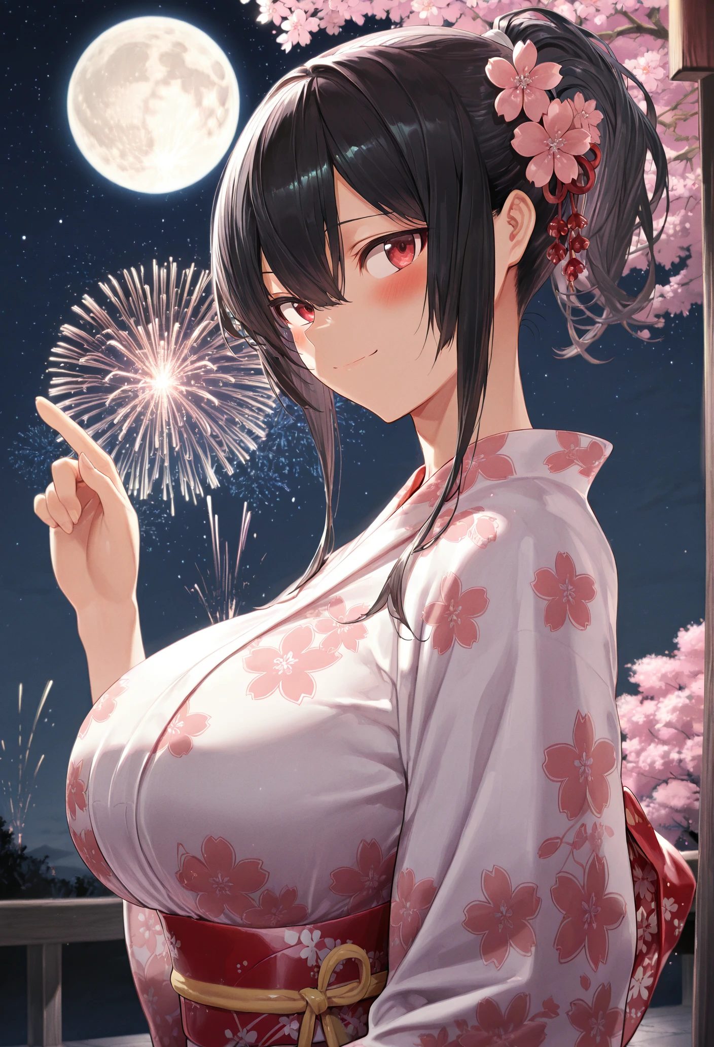 one girl, solo, long hair, breasts, very large breasts, looking at viewer, blushing, open mouth, bangs, black hair, outdoors, kimono, open clothes, tears, kimono, clothes pulled up, night, piercing, yukata, vibrator, open kimono, water balloon yo-yo on nipple, water balloon yo-yo hanging from nipple