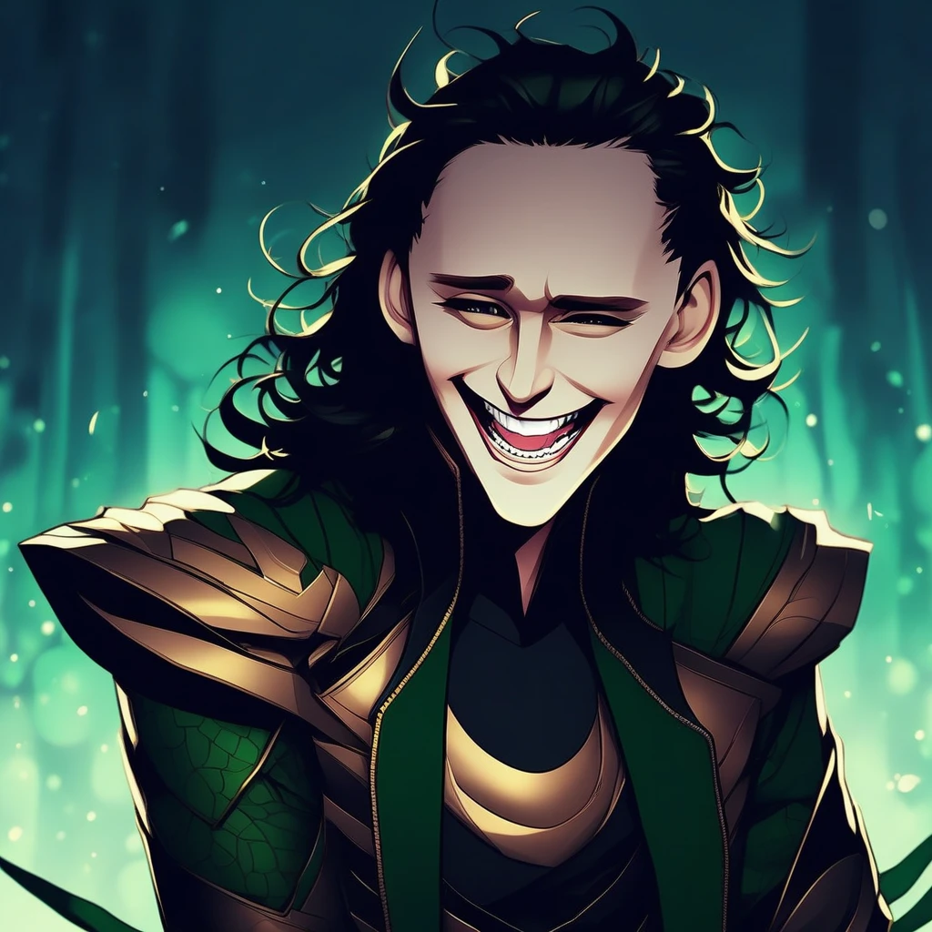 Loki, anime, mischievous, grin, laughing, happy