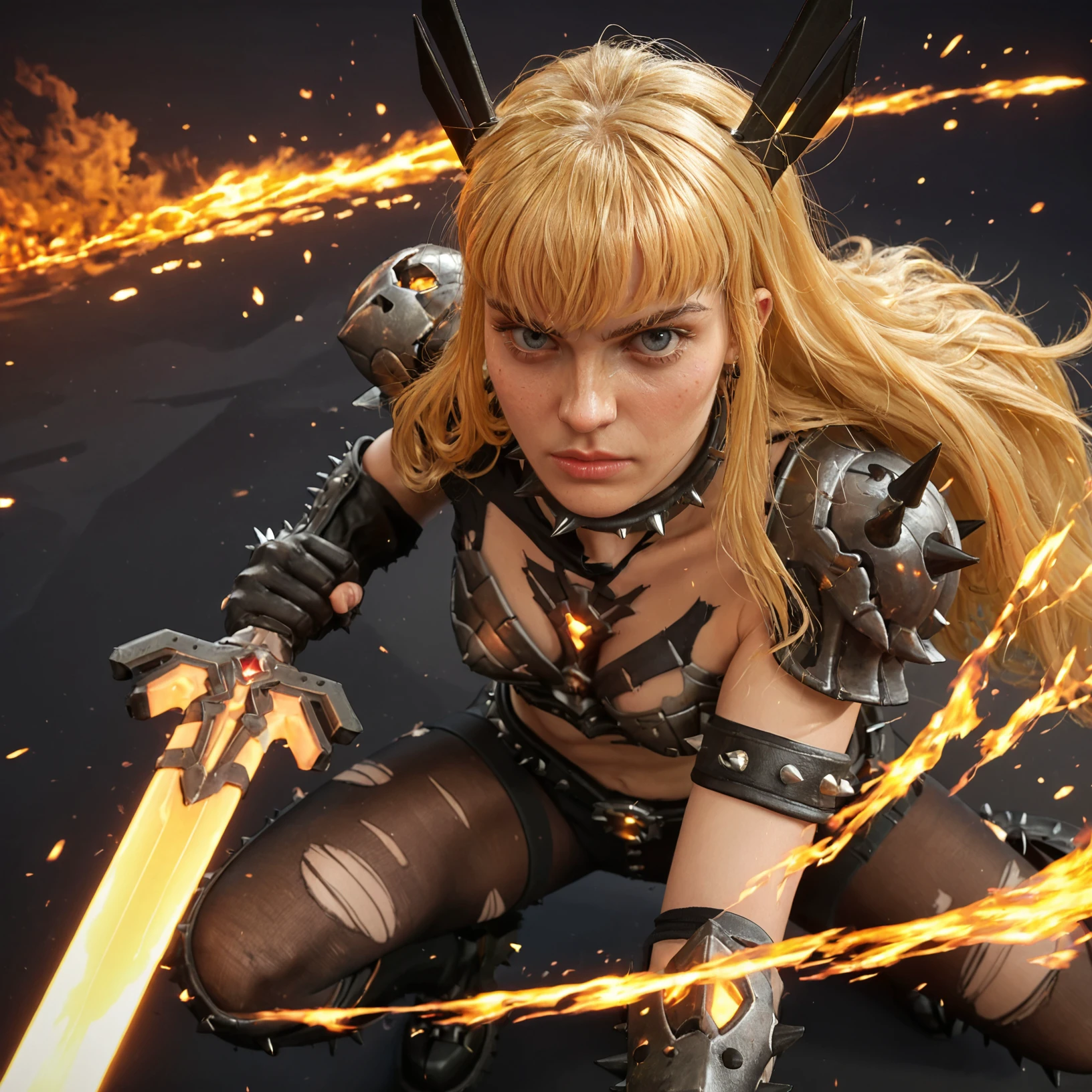 score_8,score_7,score_9,magikrivals,(close-up),face,pov,1girl,blonde,long hair,bangs,chest armor,spiked collar,spiked headband,torn pantyhose,spiked boots,spiked gloves,beautiful background,detailed background,sword,fire,fight pose