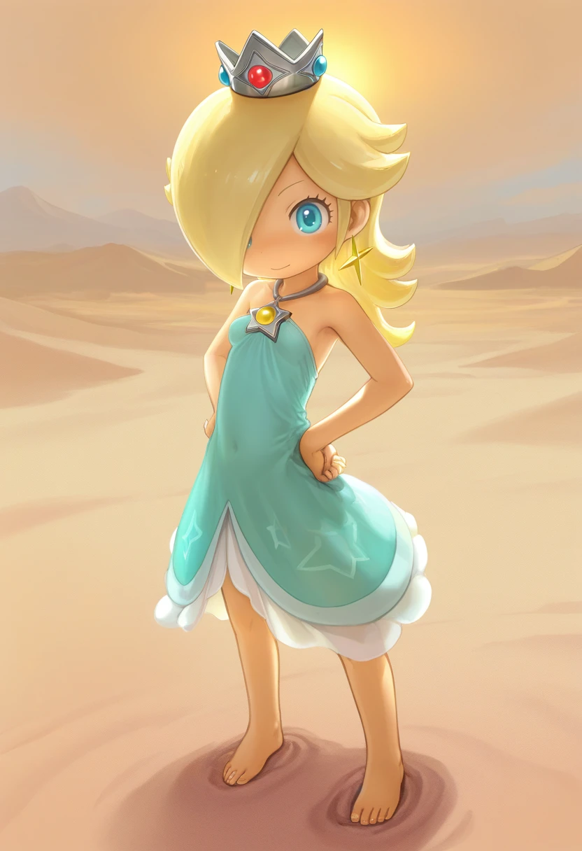 masterpiece, best quality, amazing quality, very aesthetic, absurdres, 1girl, solo, 
<lora:akihito2rep:0.8> tsukushi akihito, barren desert, scorching sun, vast dunes, scarce resources, looking at viewer,
Standing firmly with feet apart, hands resting on hips, exuding confidence and strength, Rosalina, official costume,