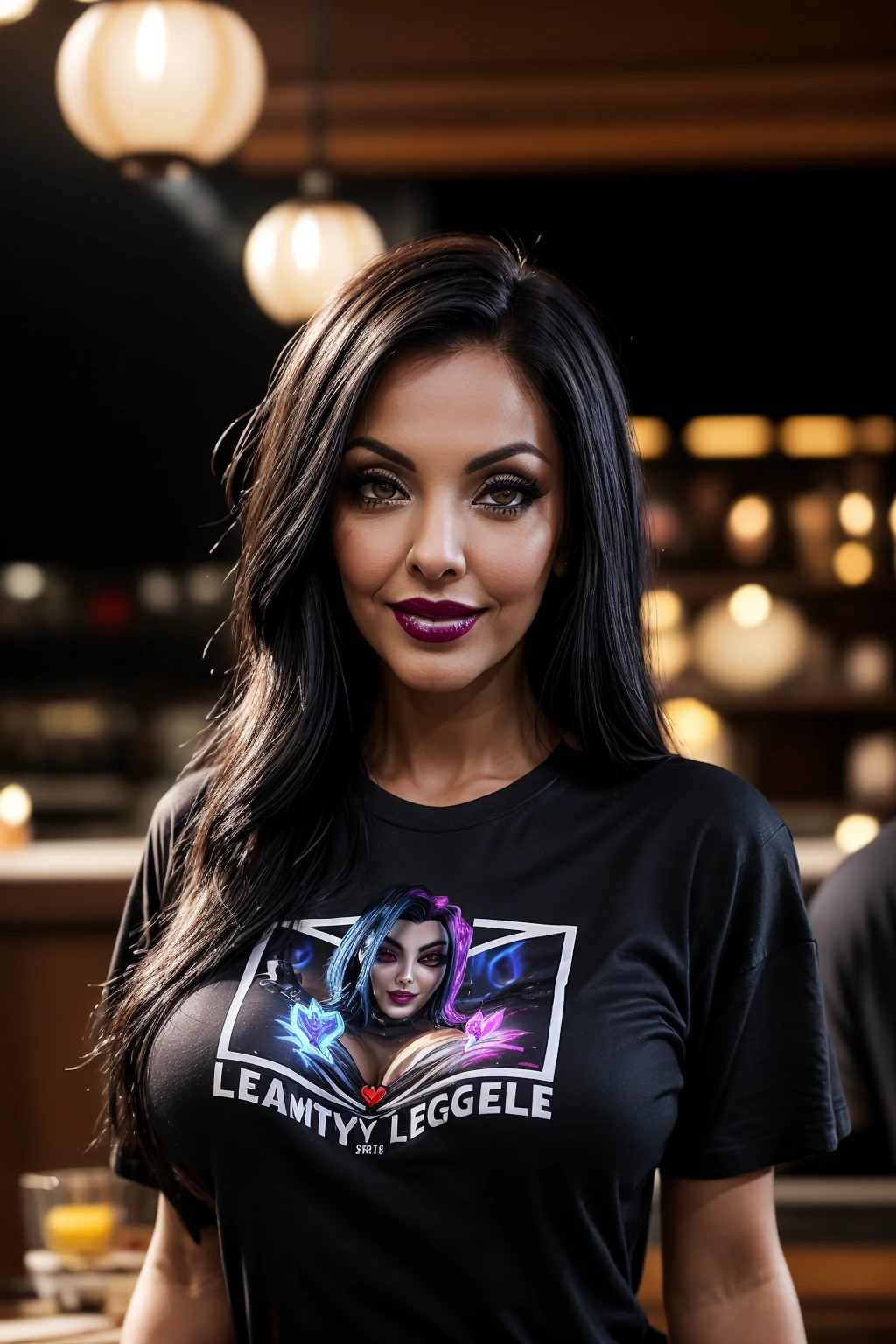 realistic,best quality,(masterpiece:1.2),absurdres, intricate details. A stunning, captivating mexican latina woman called Nina Mercedez with (dark brown eyes:1.3) stands confidently at a glamorous New Yearâs Eve celebration. She (wears a crew neck black t-shirt with Jinx from league of legends printed on it:1.4).Her sultry gaze meets the viewerâs, her lips curved into a playful smile. Her wavy, jet-black hair cascades over her shoulders, accentuating her radiant beauty and her seductive smile.
The setting is a landscape with Triangulation in a starry background. The camera captures her from a wide angle, using an 85mm lens for a cinematic feel, with a shallow depth of field blurring the background. A soft bokeh effect enhances the atmosphere, adding depth and magic to the scene.  <lora:nina_mercedez_LoRA_0.1:1>, mrcdz, mercedez,
massive breasts, fake breasts, <lora:Serious_Fakes:0.5>, <lora:more_details:0.7>, from front, ((looking at viewer)). <lora:lora_perfecteyes_v1_from_v1_160:0.7>, photo of perfecteyes eyes, perfecteyes. perfect hands, detailed hands. <lora:Hand v3 SD1.5:0.7>