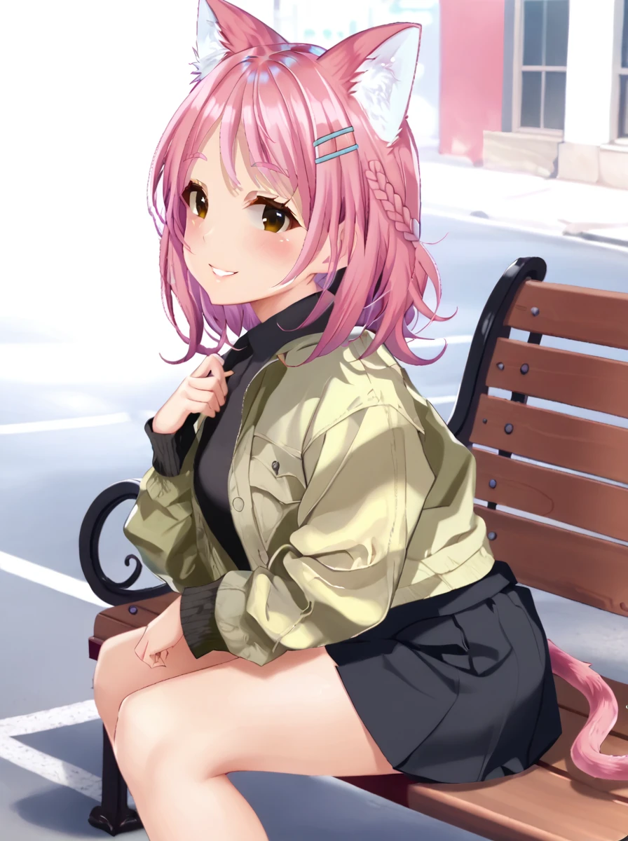 detailed background, posing, rating safe,
<lora:nekowaifu.pony:1>,
nekowaifu, sara, 
casual fashion, 
street,  bench, sit, looking at viewer, smile, bent over, from side, high angle,