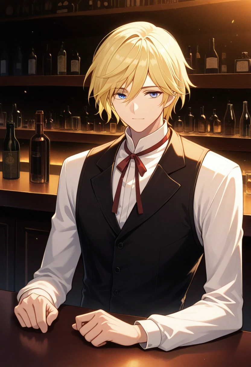 masterpiece, best quality,
fayd, 1boy, solo, male focus, blue eyes, blonde hair, shirt, collared shirt, white shirt, ribbon, neck ribbon, vest, black vest,
indor, bar,