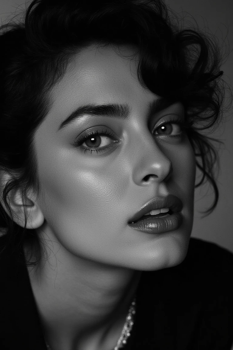 portrait inspired by Peter Lindbergh's photographic style, a woman looking directly into the camera with an intimate and deep expression.