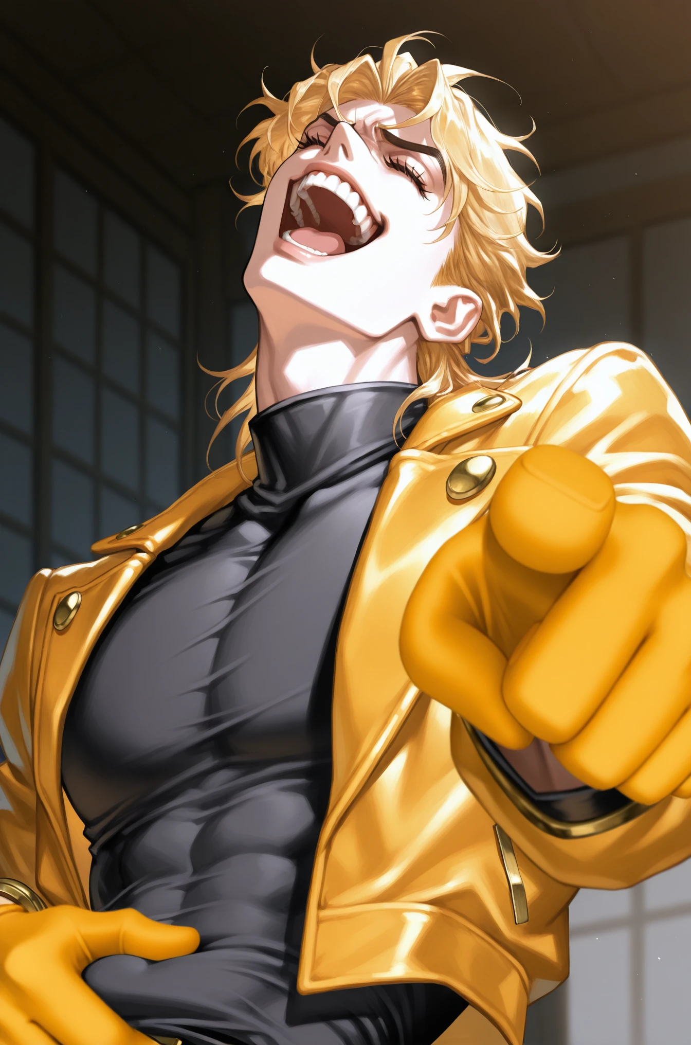 masterpiece, best quality,
 <lora:Laughing at you [IL]:0.8> laughing_at_you, open mouth, pointing at viewer, yellow glove, , laughing, closed eyes, head back, hand on stomach, 
dio_brando, jojo_no_kimyou_na_bouken, 1boy, blonde_hair, red_eyes, yellow leather jacket, 1 boy solo, black shirt,