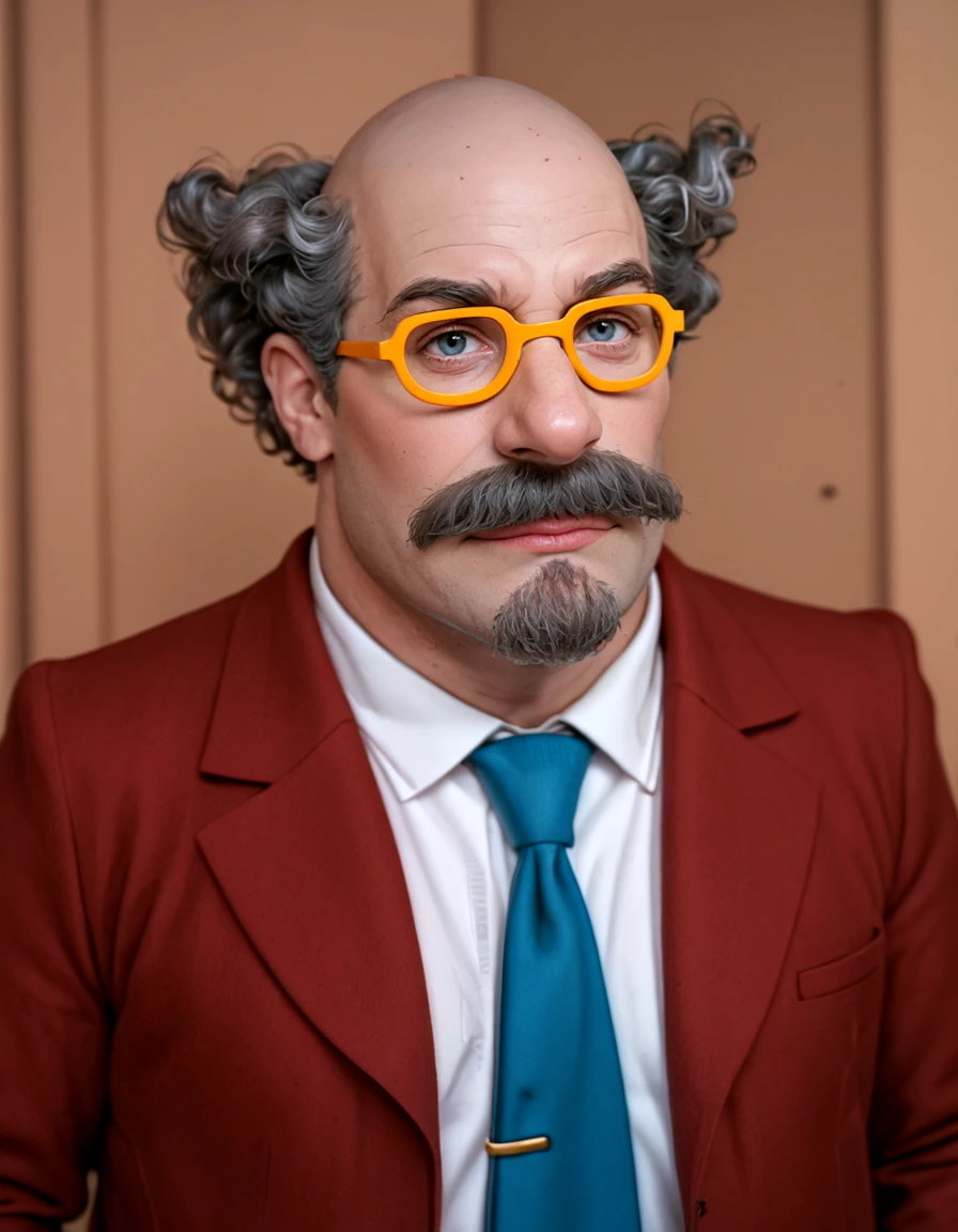 <lora:Dr_Lipschitz_PONY:0.9> 1boy, solo, grey hair, bald, patterned baldness, black eyes, facial hair, mustache, glasses, yellow-framed eyewear, white shirt, collared shirt, red jacket, red suit jacket, blue necktie, portrait, looking at viewer,, source_cartoon, score_9, score_8_up, score_7_up, score_6_up, score_5_up, score_4_up,, 8k, RAW photo, best quality, ultra high res, photorealistic, masterpiece, ultra-detailed, Unreal Engine