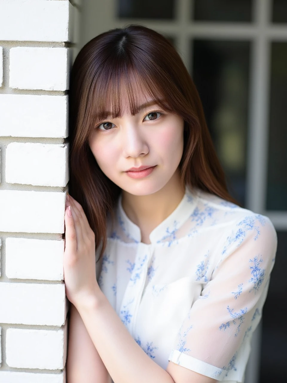 The image is a portrait of a young Asian woman named kawata with shoulder-length brown hair and bangs. She is leaning against a white brick wall with her arms crossed over her chest. She has a serious expression on her face and is looking directly at the camera. The woman is wearing a white blouse with a blue floral pattern. The background is blurred, but it appears to be an outdoor setting with a window. The overall mood of the image is calm and contemplative. 