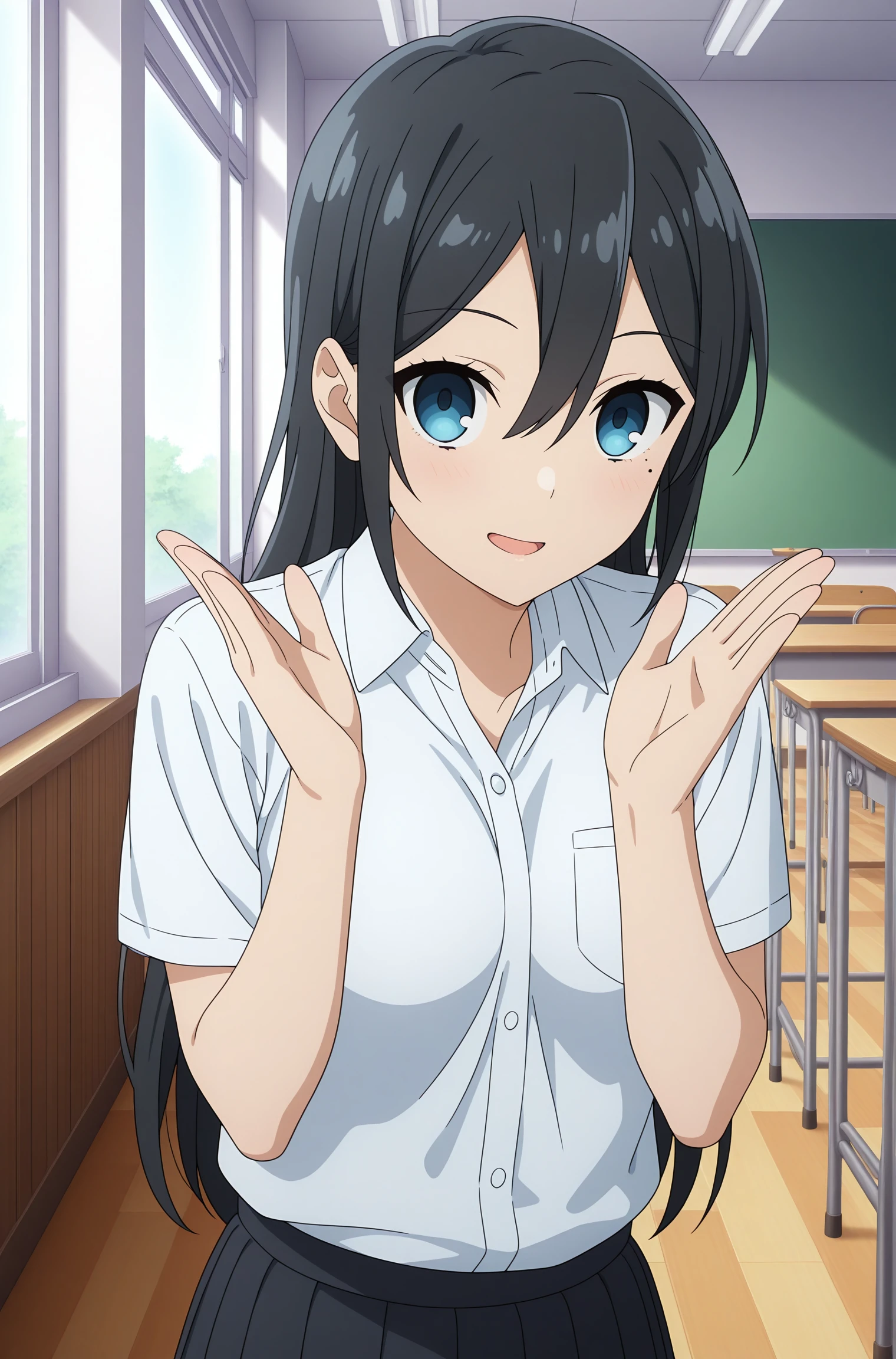 masterpiece, best quality, amazing quality, highres, absurdres, very aesthetic, high resolution, ultra detailed, perfect details, 1girl, solo, indoors, day, classroom, medium breasts, sawada honoka, long hair, black hair, hair between eyes, blue eyes, mole under eye, school uniform, short sleeves, white shirt, collared shirt, black skirt, pleated skirt, black kneehighs, grey footwear, converse, high tops, <lora:Honoka_Sawada_ILXL:0.8>, looking at viewer, (upper body:1.4), smile, (pose:1.2), anime screencap, (open mouth:1.5)