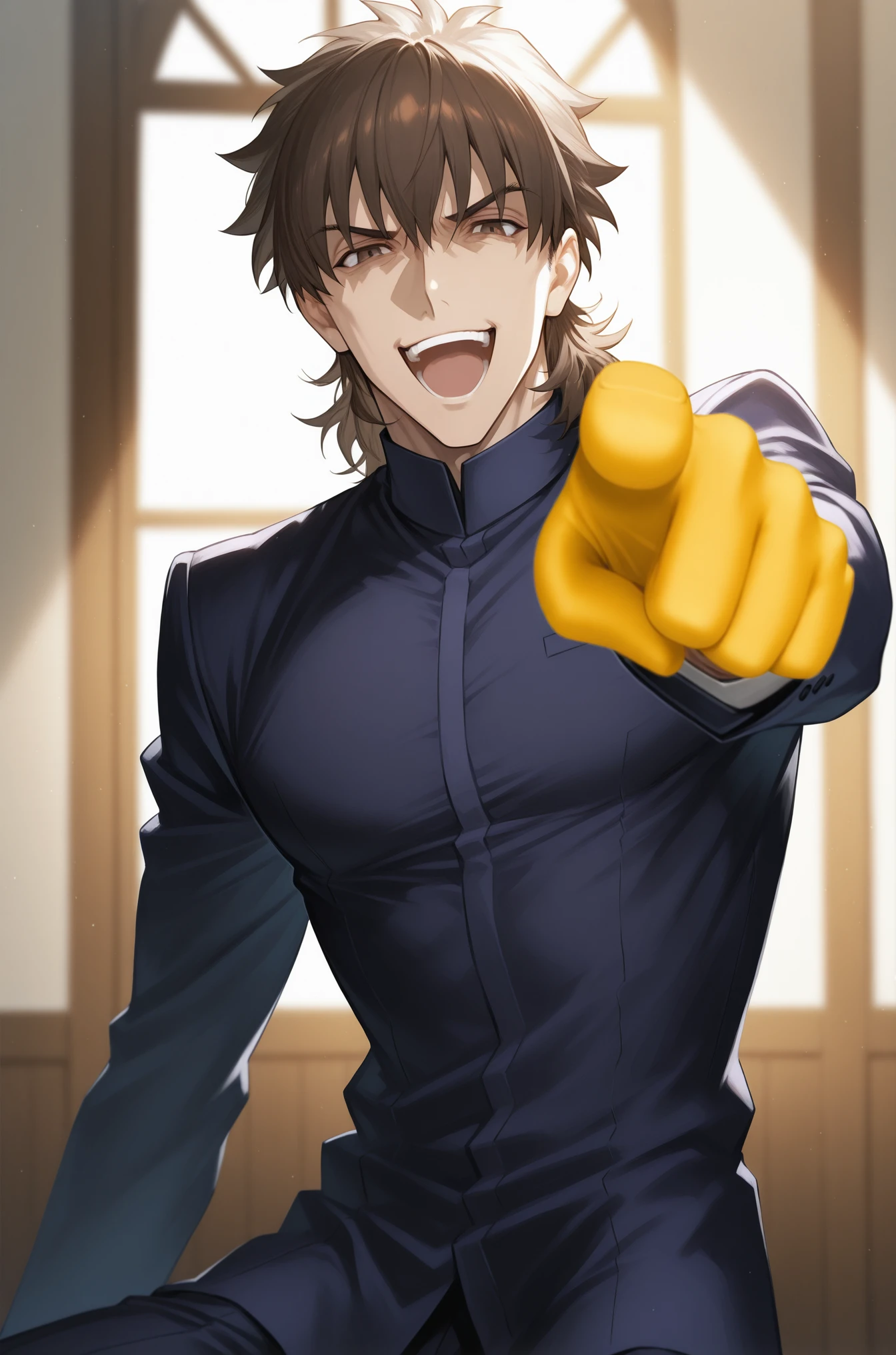 masterpiece, best quality,
 <lora:Laughing at you [IL]:0.8> laughing_at_you, open mouth, pointing at viewer, yellow glove,  laughing, mocking, 
kotomine_kirei, fate_(series), 1boy, brown_hair, brown_eyes, 1boy, solo,