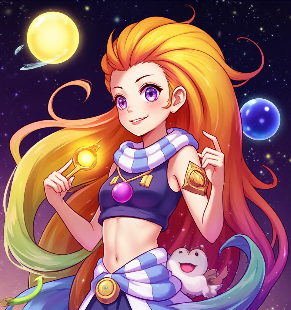 1girl,zoe,heterochromatic pupil,yellow and red hair,universe,planet,full body