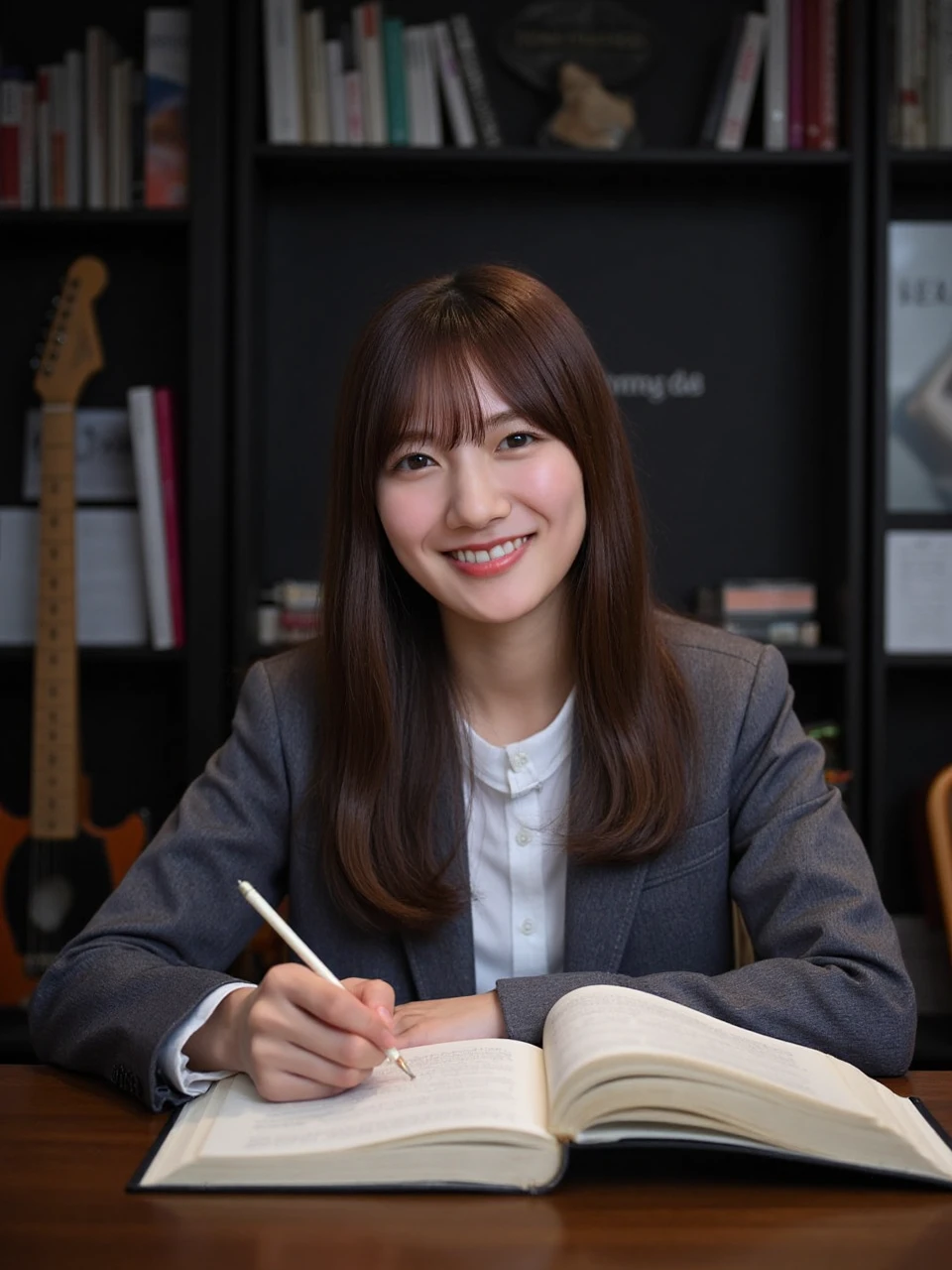 moriya_rena, A young woman named kawata with long brown hair, Bangs. She sat at her computer desk in her room studying, And smiled, gazing at the camera. The room is very dark, with bookshelves, beds, calendars, and guitars arranged. There is a poster on the wall with the words "hinatazaka" written on it. 