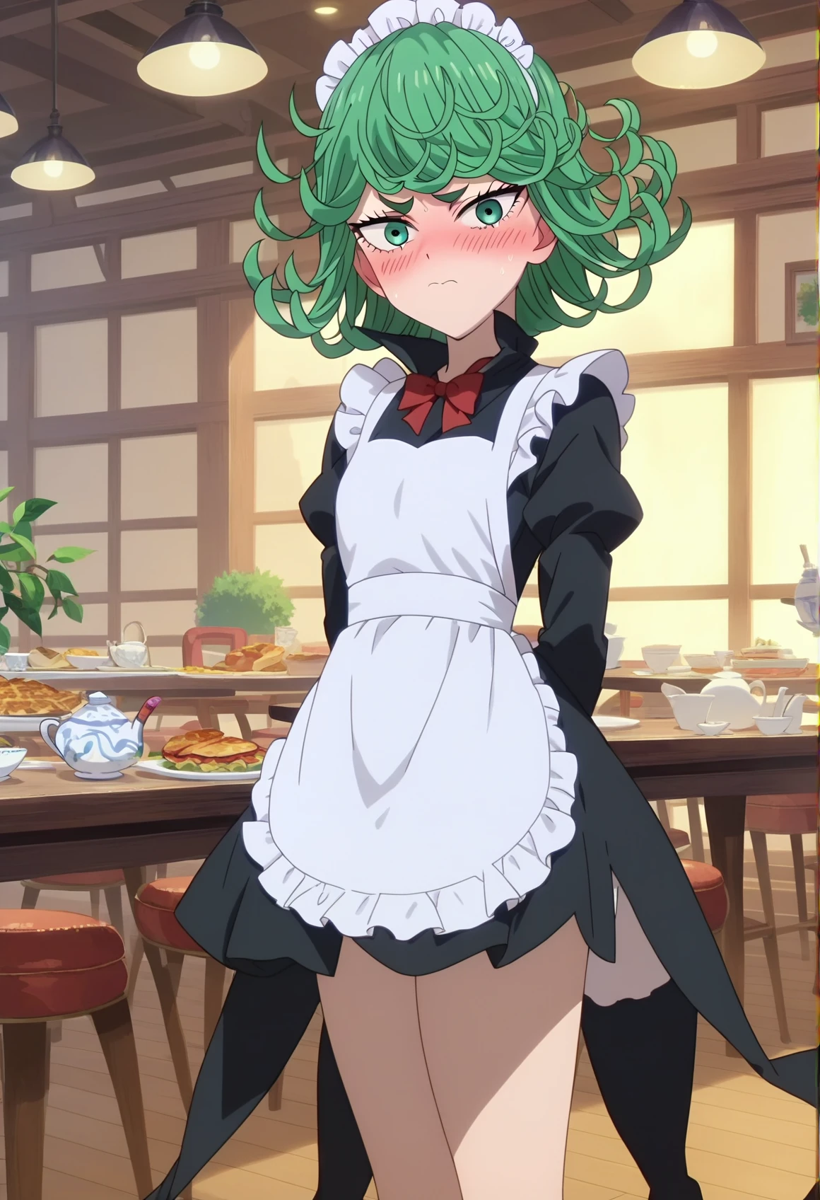 score_9, score_8_up, score_7_up, source_anime, anime screencap, official_style, tatsumaki, 1girl, curly hair, looking at viewer, blush, embarrassed, maid, maid headress, White apron, puffy sleeves, standing, arms behind back, indoors, restaurant