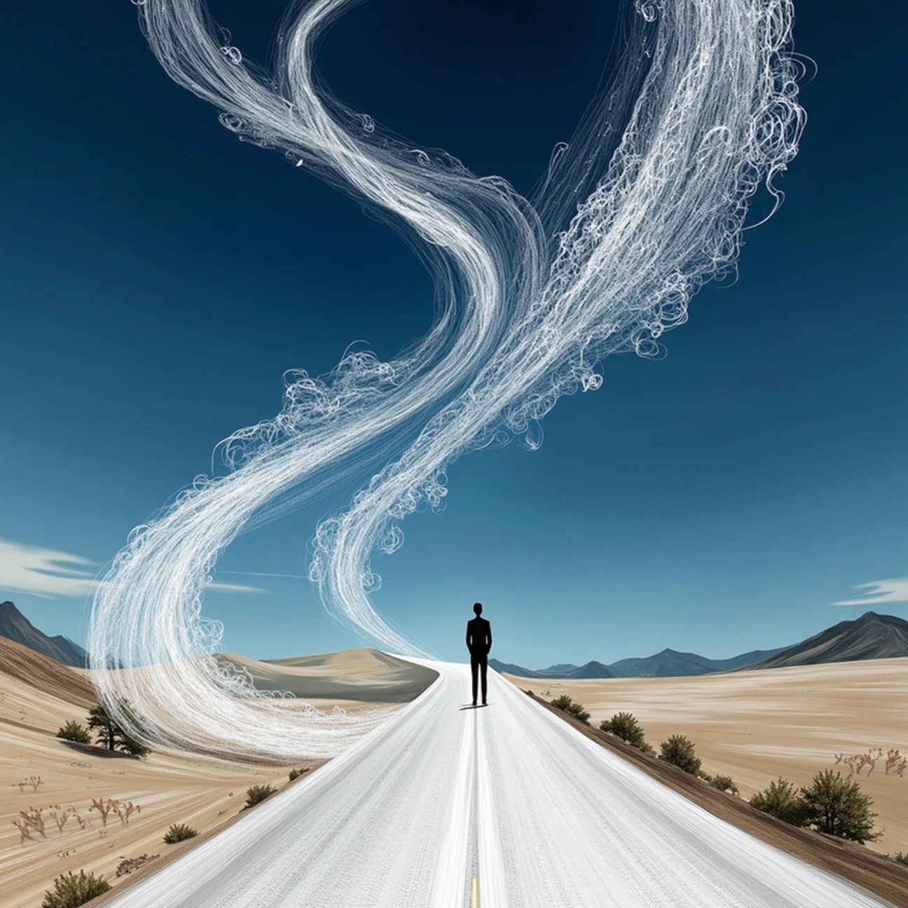 optic_3ffect, vfx, this is a digital artwork depicting a surreal, hyper-realistic scene. the central focus is a winding road that stretches from the bottom center of the image towards the upper right corner, vanishing into the distance. the road is smooth and white, with a slight texture suggesting recent repaving, and is flanked by a thin, white line on either side. the road is bordered by a white, frothy substance that resembles paint, suggesting a brushstroke effect. the brushstroke is painted in white, with a textured brush tip and brush hairs visible, extending from the upper right corner of the image towards the road. the brushstroke intersects the road at an angle, creating a surreal, almost dreamlike effect. the background features a deep blue sky, transitioning to a lighter blue at the horizon, with swirling, abstract cloud formations. the ground is a mix of brown and beige, suggesting dry, arid terrain. a solitary figure, dressed in a dark suit, stands at the center of the road, facing the horizon, adding a sense of isolation and contemplation. the overall style is hyper-realistic with surreal elements, combining elements of painting and digital manipulation.