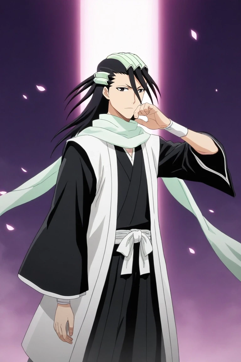 score_9, score_8_up, score_7_up, , rating_safe, , anime screencap, , , , , 1boy, solo, male focus, <lora:byakuya_kuchiki_pony:0.98>, byakuya_kuchiki, black hair, black eyes, long hair, scarf, japanese clothes, haori, petals, hair ornament, hair between eyes, sword, cyber cafe, holo-screens, data chairs, neon tables, relaxing pose, casual expression, ambient lighting, , <lora:sdxl_lightning_8step_lora:1>