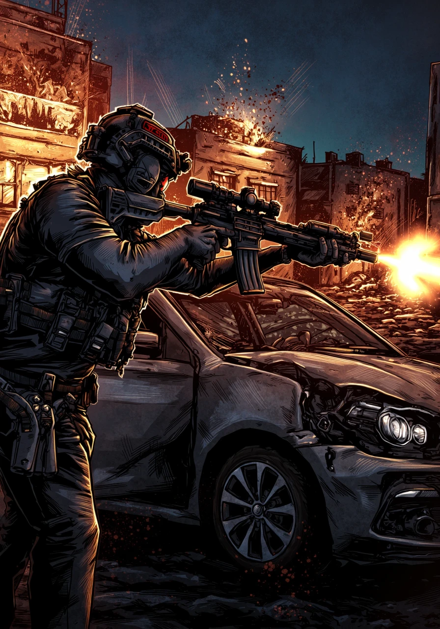 BPRE art of an operator firing his tactical carbine, he wears a high cut helmet and tactical chest rig, he is fighting from behind a destroyed car, a burning city store front in the distance and explosions under heavy fire, in a destroyed city in an intense combat scene at night<lora:BPRE-000013.safetensors:1.0:1.0>