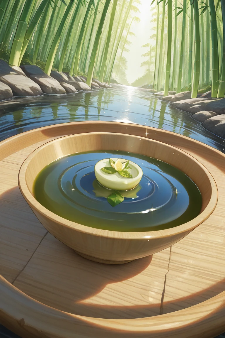 realistic shading, natural lighting, food focus, dafoodie, sparkling food focus, sparkle, green tea, water ripple, bamboo cup, outdoors bamboo forest, dynamic angle, intricately detailed illustration, depth of field, atmospheric perspective, masterpiece, best quality, amazing quality, very aesthetic, absurdres, newest