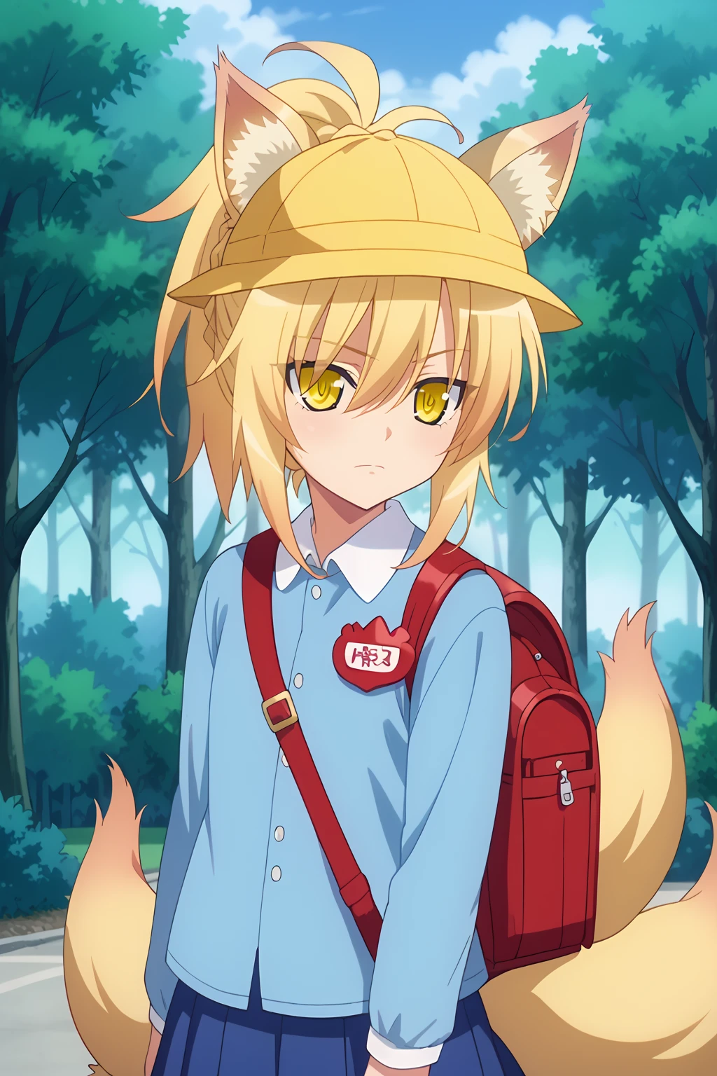 score_9, score_8_up, score_7_up, source anime, prefect lighting, very aesthetic, BREAK, anime screencap, anime coloring, kunou-dxd, 1girl, yellow eyes, black pupils, blonde hair, ponytail, fox ears, fox tail, multiple tails, fox eyes, glowing eyes, sharp pupils,  kindergarten uniform, school hat, yellow hat, randoseru, backpack, red bag, blue shirt, name tag, skirt, pleated skirt, outdoors, school, tree, sun