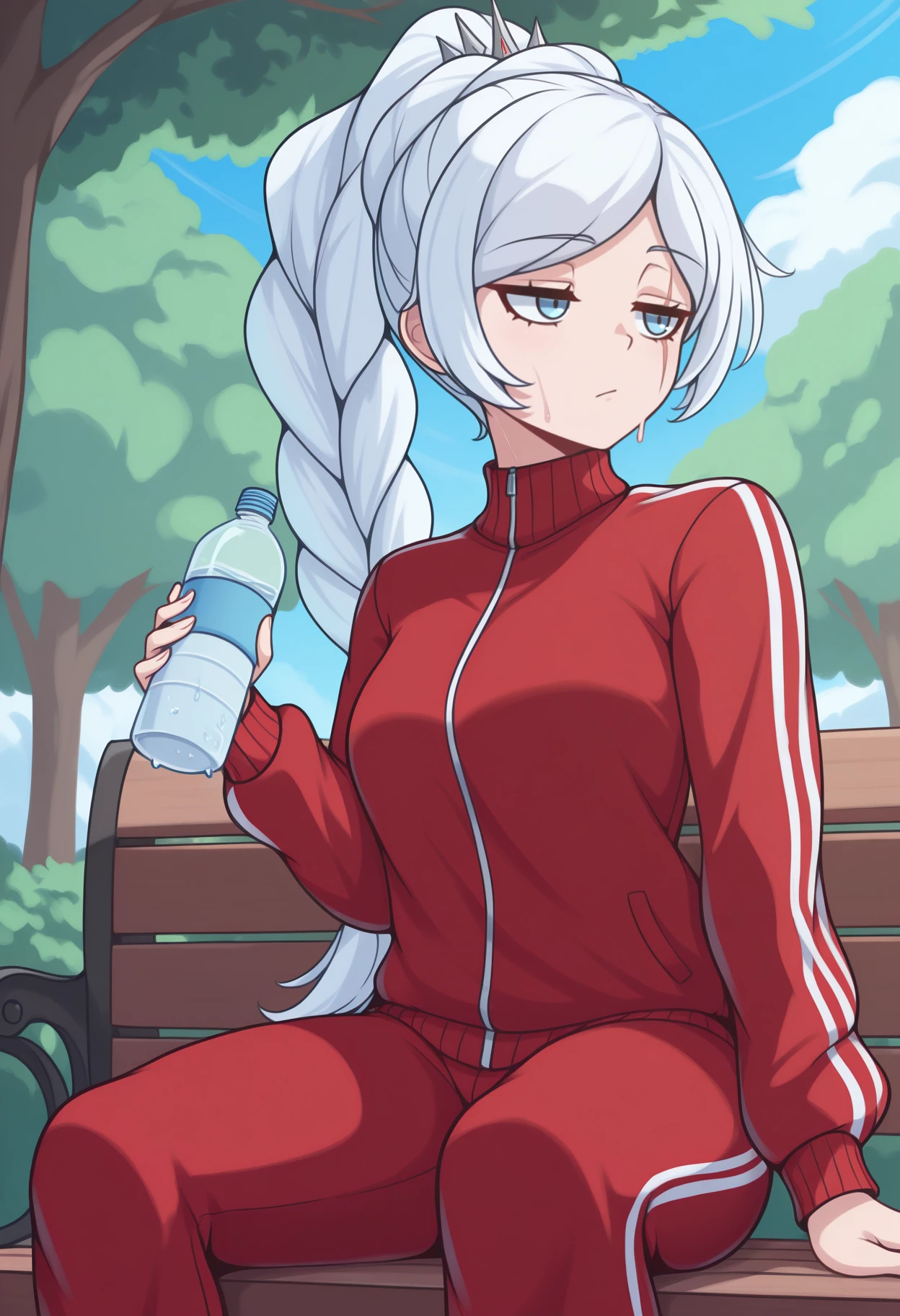 masterpiece, best quality, <break> solo, 1girl, wsatlas, scar across eye, sweat, :/, looking away, sitting, park bench, holding water bottle, long hair, white hair, braided ponytail, tiara, blue eyes, jitome, track suit, red jacket, track jacket, long sleeves, red pants, outdoors, blue sky, cloud, tree
<segment:yolo-Anzhc Face seg 640 v2 y8n.pt,0.4,0.5//cid=1>