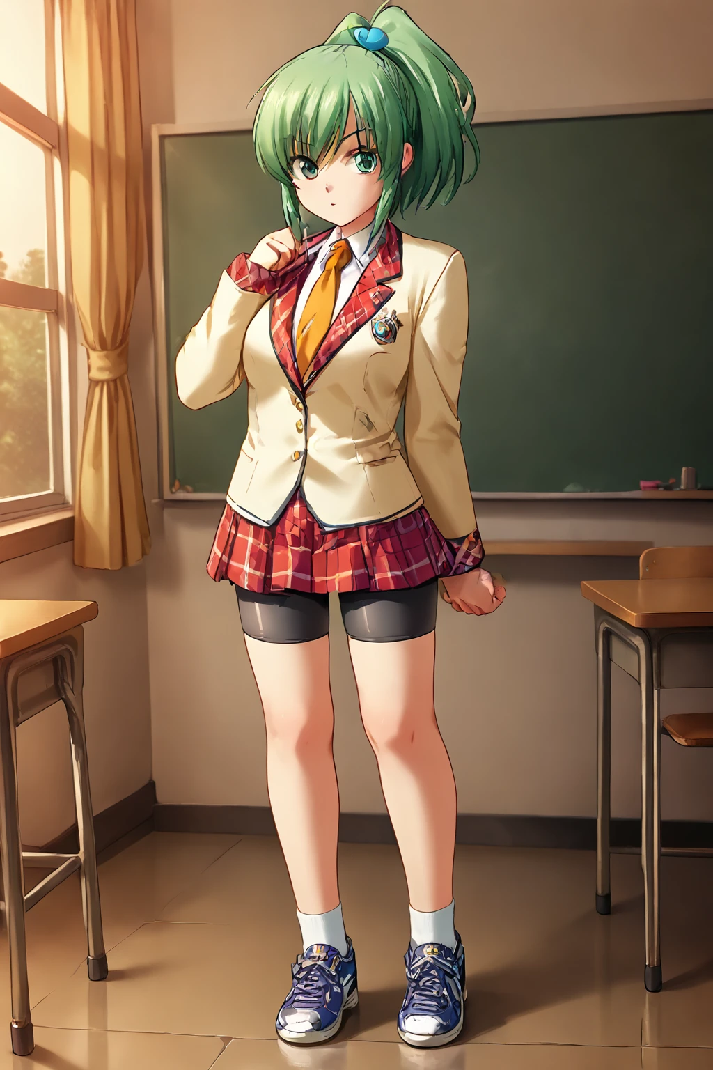 score_9, score_7_up, TakamiyaChinatsu, 1girl, hair bobbles, hair ornament,ponytail, green hair, school uniform, jacket, full body,  necktie, shoes, plaid, blazer,bike shorts, sneakers,school uniform,  skirt, ,standing, full body,  <lora:StS_PonyXL_Detail_Slider_v1.4_iteration_3:1>classroom, zPDXL3,solo,slim legs,  <lora:Takamiya_Chinatsu:.8>solo,