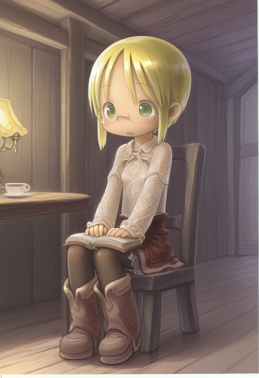 masterpiece, best quality, amazing quality, very aesthetic, absurdres, 1girl, solo, 
<lora:akihito2rep:0.9> tsukushi akihito, riko \(made in abyss\), green eyes, blonde hair, semi-rimless eyewear, short hair, sidelocks, child,
lace bodysuit, leather skirt, over the knee boots, pantyhose, Colonial Style Dining Room with Wooden Beams and Antique Chandelier