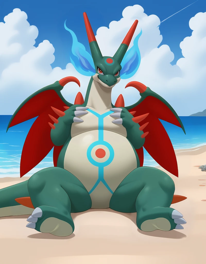 (((detailed eyes, detailed face))), (feral, (shiny megacharizardx2 <lora:character_charizard_megax2_pindigoxl_v2:1.2>, charizard, green skin, light green belly, red wings:1.8, (red horns, red shoulder horns)), flame-tipped tail, blue flame), male, (solo), (plump, fat, chubby, overweight), (nude) BREAK lying on back, (spreading legs), smile, (front view), (konzaburou, ukan_muri), beach, (flat shading, flat color, high brightness), 8k, UHD, masterpiece, (full body), ((blue flame))