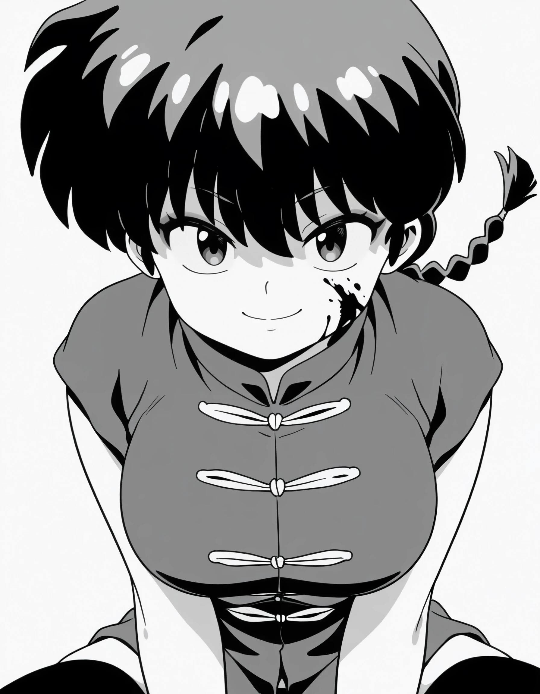 masterpiece, best quality, amazing quality, <lora:ranma_½_il:1> ranma, long_hair,red_hair, braided_ponytail , tangzhuang, by_10456to, necklace, smile, blood, white_background, looking_at_viewer, large_breasts, simple_background, greyscale, blood_on_face, breasts, monochrome, jewelry, thighhighs, seductive_smile