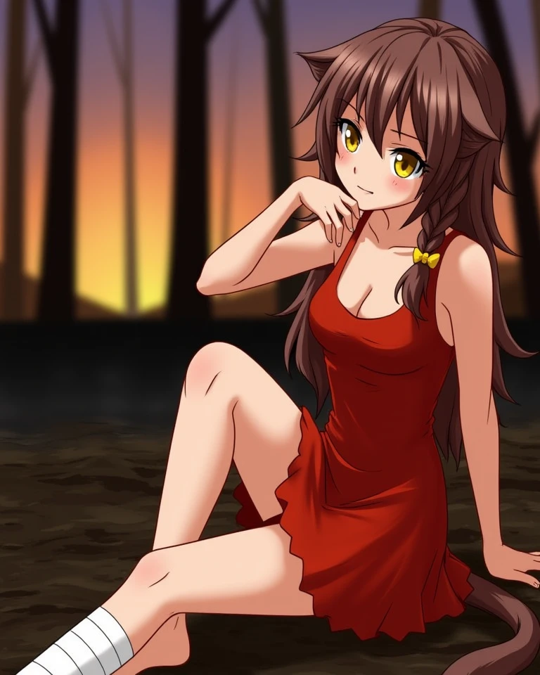 young woman, red dress, digital drawing, sitting in a clearing, forest, evening, sunset
<lora:apfluxgymyvau20241122-step00001800:0.8>, YVAU, 1girl, catgirl, brown hair, cat ears, yellow eyes, pigtail, yellow bow on pigtail, cat's tail, white bandage on the leg