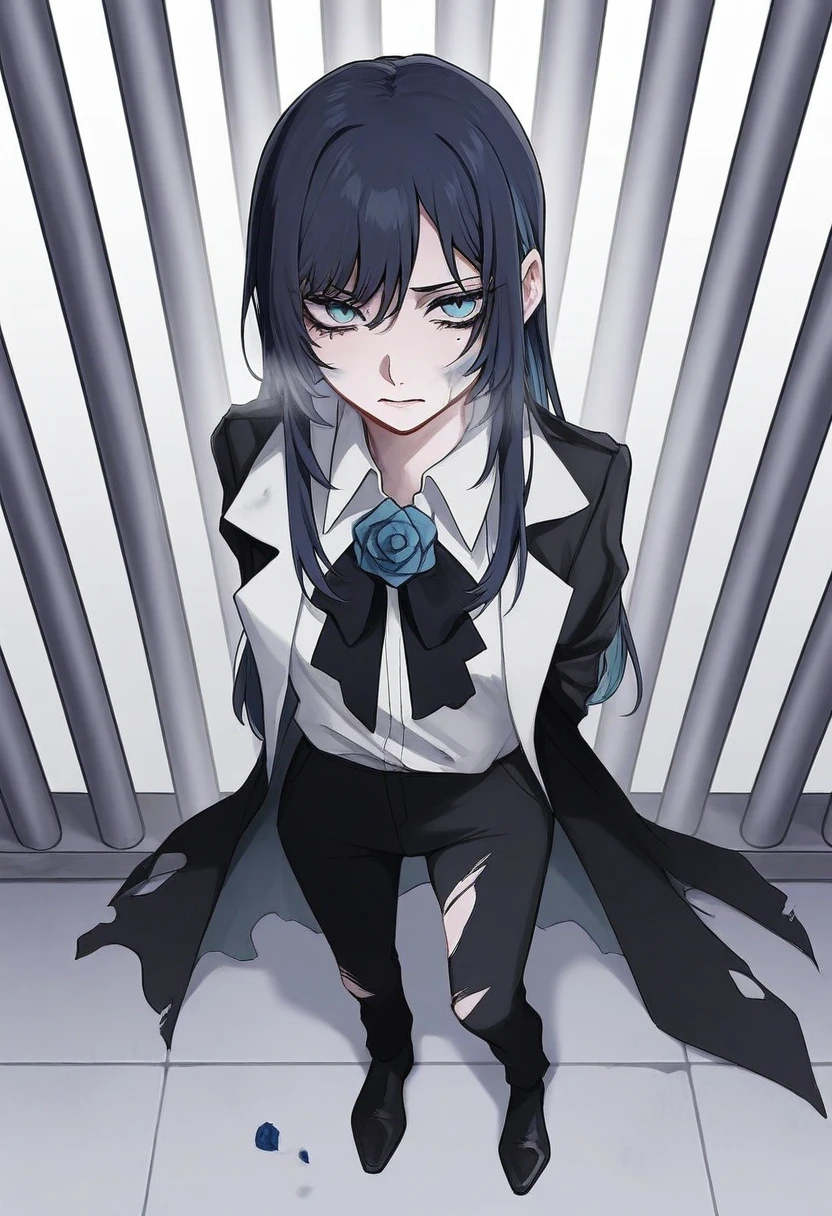 1girl, solo, chando, long hair, flower brooch, blue eyes, mole under eye, blue hair, multicolored hair, sidelocks, blue flower, blue rose, white shirt, collared shirt, black coat, black bowtie, black pants, black footwear,
slumped against a prison wall, bruises on face, tattered clothes, torn clothes, despair, damp cell with iron bars, chains on floor, dim light from above, mid-range, cold, claustrophobic atmosphere
, <lora:Character_Ado - Chando:0.8>