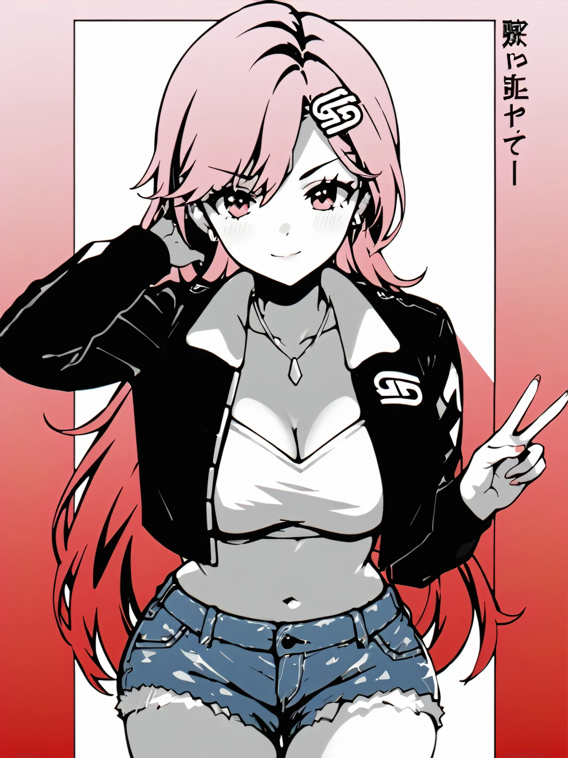 score_9, score_8_up, score_7_up, score_6_up, source_anime, GSupps, gradient, gradient background, gradient hair, limited palette, red theme, 1girl, long hair, large breasts, leather jacket, denim shorts, light smile, v, blushing, rectangle, white rectangle, (portrait), detailed background, Hyperdetailed, Extreme Detail, 4K Resolution, Masterpiece, Best Quality <lora:GamerSupps_Waifu_Focus_Style_-_RealmRabbit:1.4>