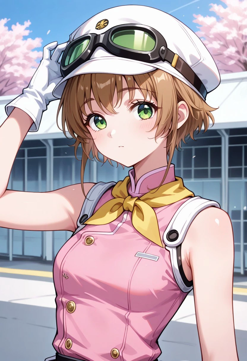 masterpiece, best quality, 
sakura_t, 1girl, solo, green eyes, brown hair, short hair, pilot uniform, hat, white headwear, goggles, goggles on headwear, yellow neckerchief, shirt, pink shirt, sleeveless, gloves, white gloves,
outdoor,