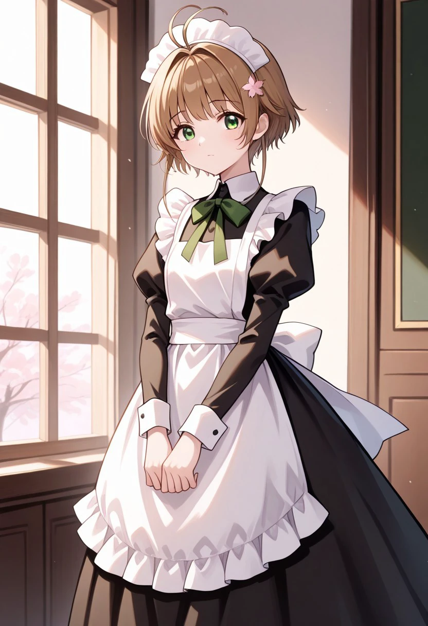 masterpiece, best quality, 
sakura_t, 1girl, solo, green eyes, brown hair, short hair, ahoge, antenna hair, maid, maid headdress, maid apron, black skirt, long skirt
indoor