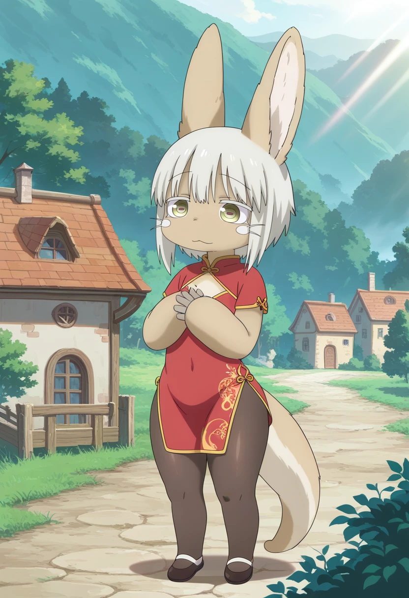 masterpiece, best quality, amazing quality, very aesthetic, absurdres, 1girl, solo,
<lora:MiAbyss-IL:0.8> miabyss, nanachi \(made in abyss\), rabbit ears, tail, furry, yellow eyes, short hair with long locks, white hair, horizontal pupils, thick thighs, wide hips, shortstack, flat chest, (china dress, pantyhose, flats), cityoforth, outdoors, building, architecture, village, town, house, tree, forest, nature, sunlight, Hands in prayer position,