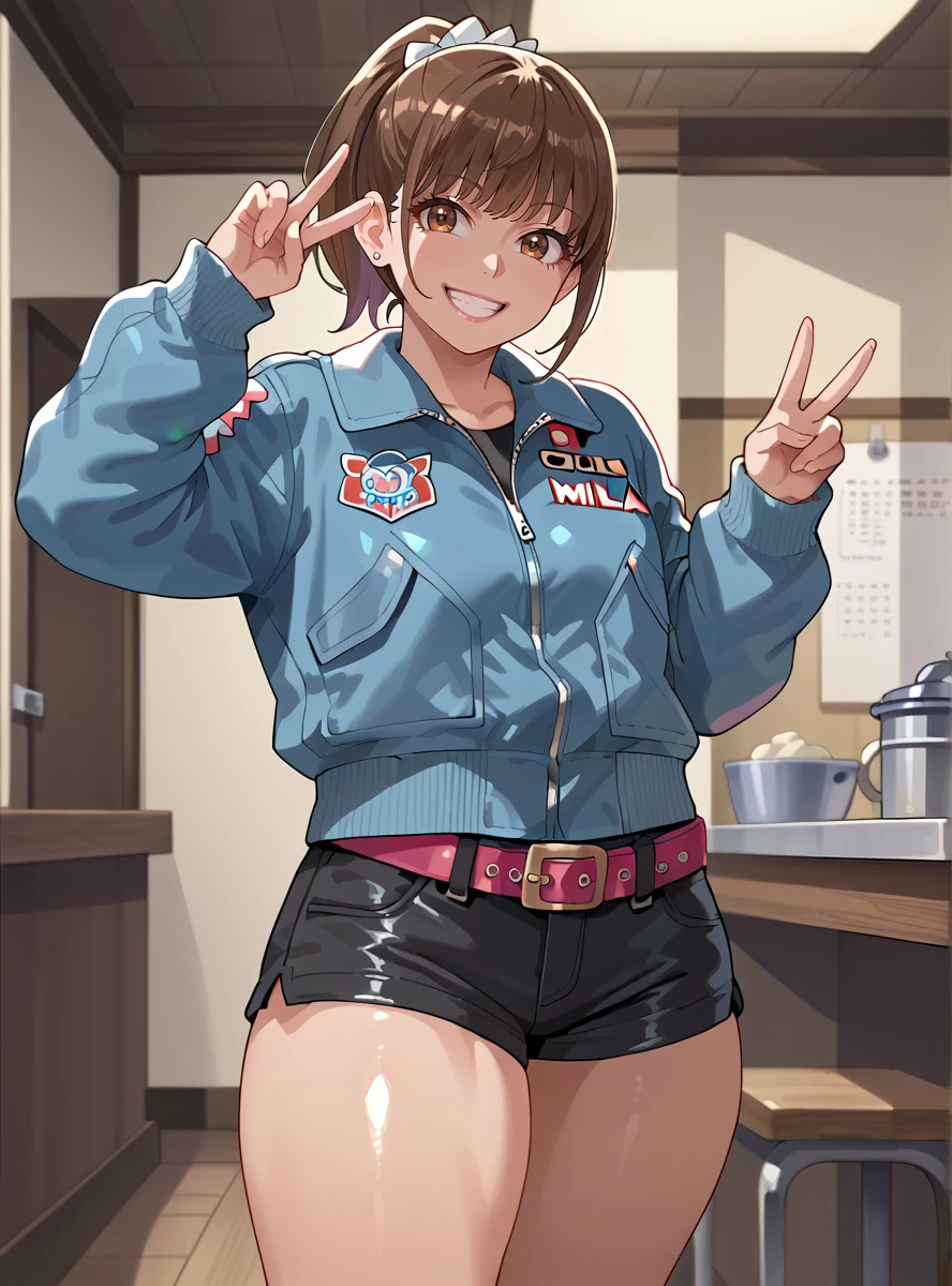 score_9, score_8_up, score_7_up, score_6_up,source_anime anime screencap,  anime coloring, <lora:MioSuto:0.8>miosuto, 1girl, solo, brown hair, belt, shorts, solo,smile, ponytail, brown eyes, black shorts, denim jacket thick thighs,  thick thighs,  shiny skin,  v_sign, indoors, ((open jacket)),  black_shirt, off_shoulder, unzipped,