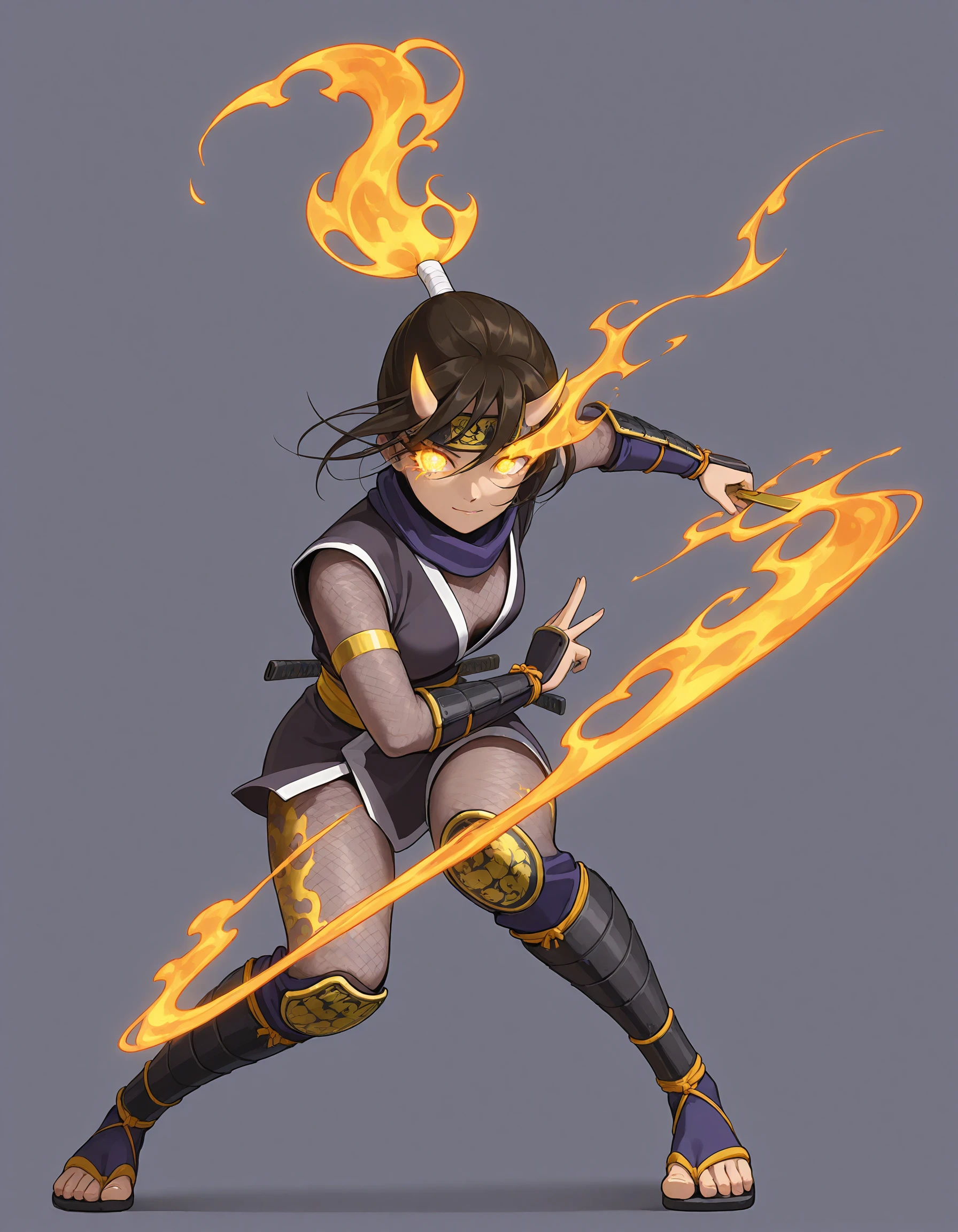 oni female ninja, 21yo, clipon hair, armored, color white, gold, vivid, black flaming eye,