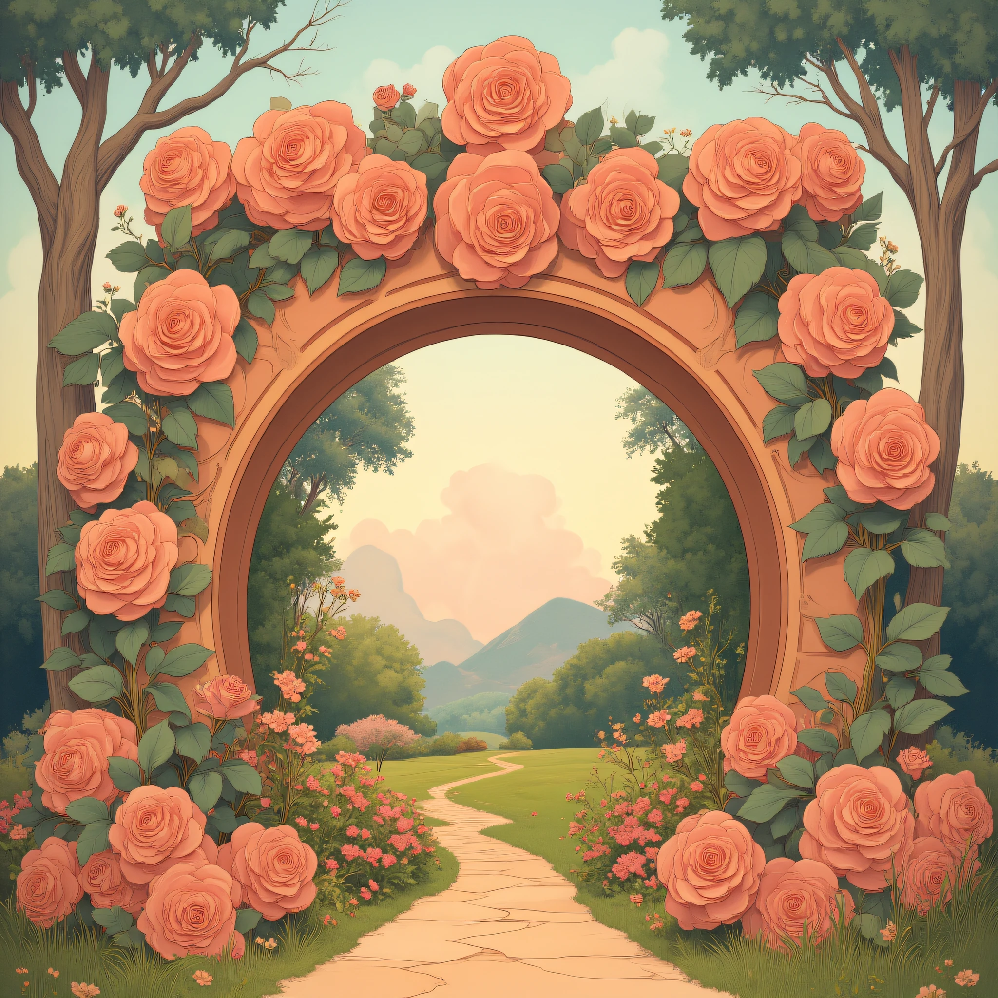 ArsMJStyle,Disney Nouveau, The image shows an archway in the middle of a garden with roses growing on it surrounded by trees plants flowers and a path. In the background there are hills and a clear blue sky., no humans, flower, tree, red flower, scenery, rose, outdoors, bush, red rose, arch