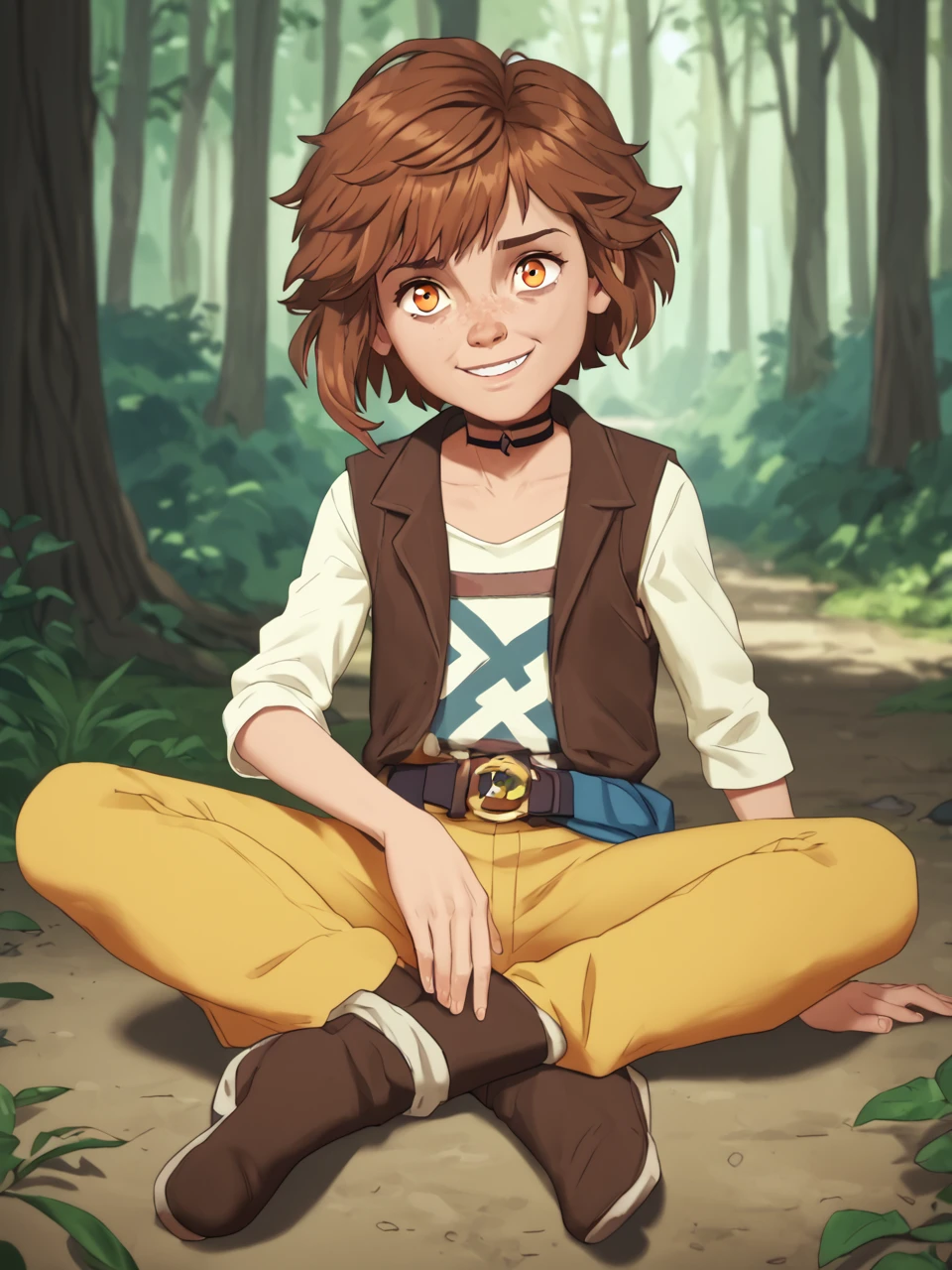 score_9, score_8_up, score_7_up, BREAK,  Ish4, 1girl, solo, short hair, brown hair, white shirt, brown vest, belt, child, yellow pants, orange eyes, freckles, black choker, brown footwear, smile, looking at viewer, sitting, forest, L1DU2,  <lora:LIDUS_Look_For_Another:1> <lora:Isha:0.8>