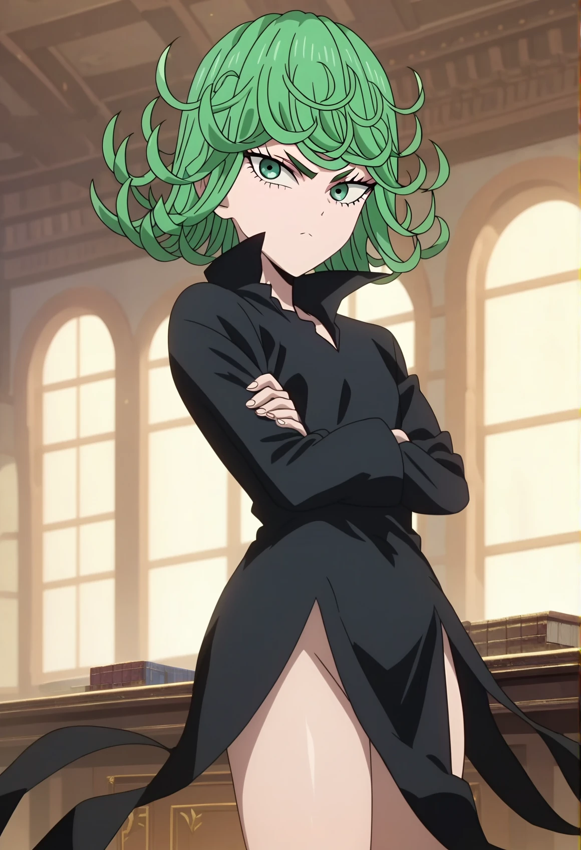 score_9, score_8_up, score_7_up, source_anime, anime screencap, official_style, tatsumaki, 1girl, curly hair, looking at viewer, black dress, standing, cowboy shot, crossing arms, thighs, indoors,