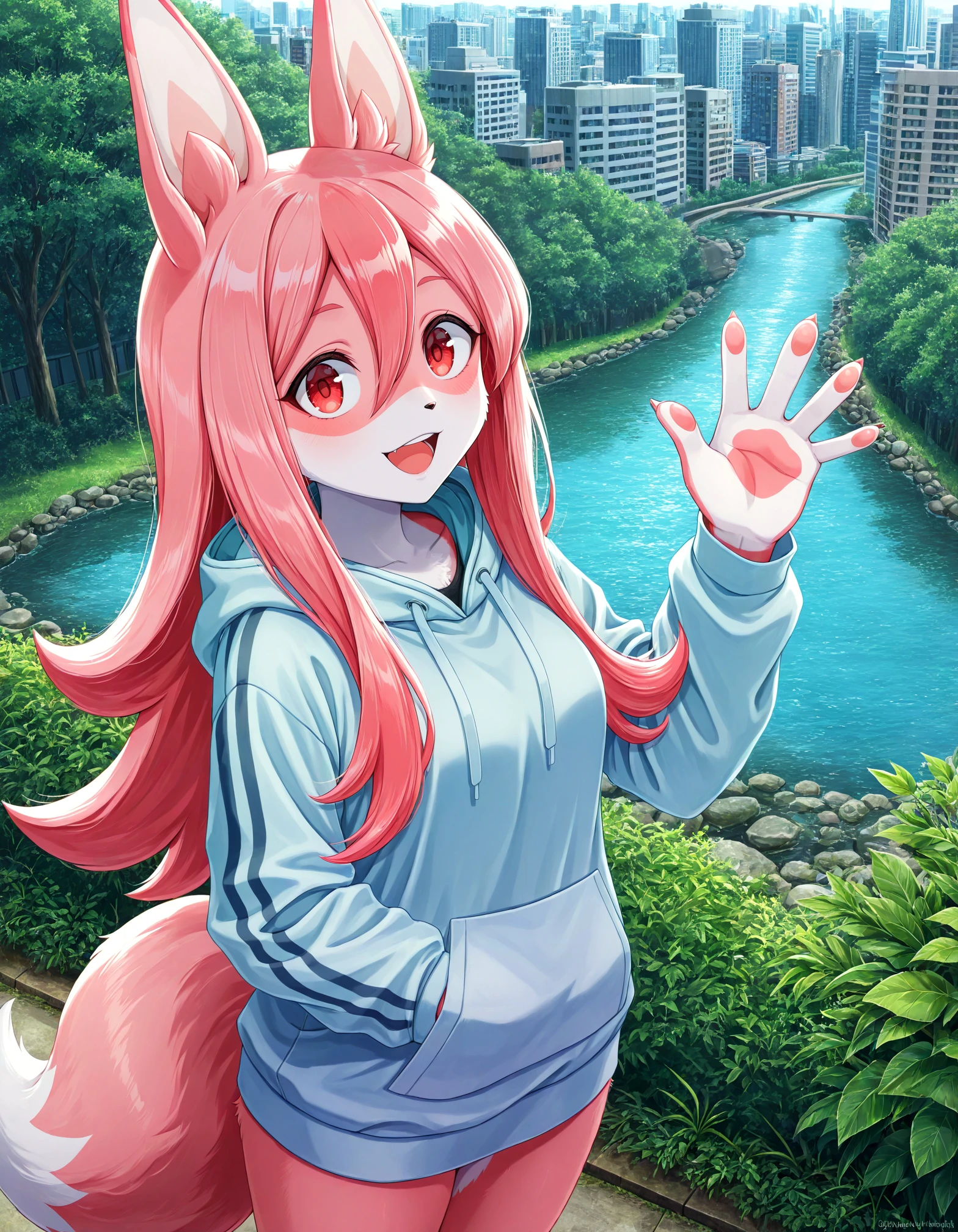 masterpiece, best quality, absurdres, safe,
1girl, brand new animal, 
nazuna hiwatashi, waving, open mouth, happy, outdoors, vegetation, river, modern city, wearing hoodie, hood down, furry female, anthro, fox ears, multicolored fur, pink fur, white fur, red eyes, open eyes, long hair,