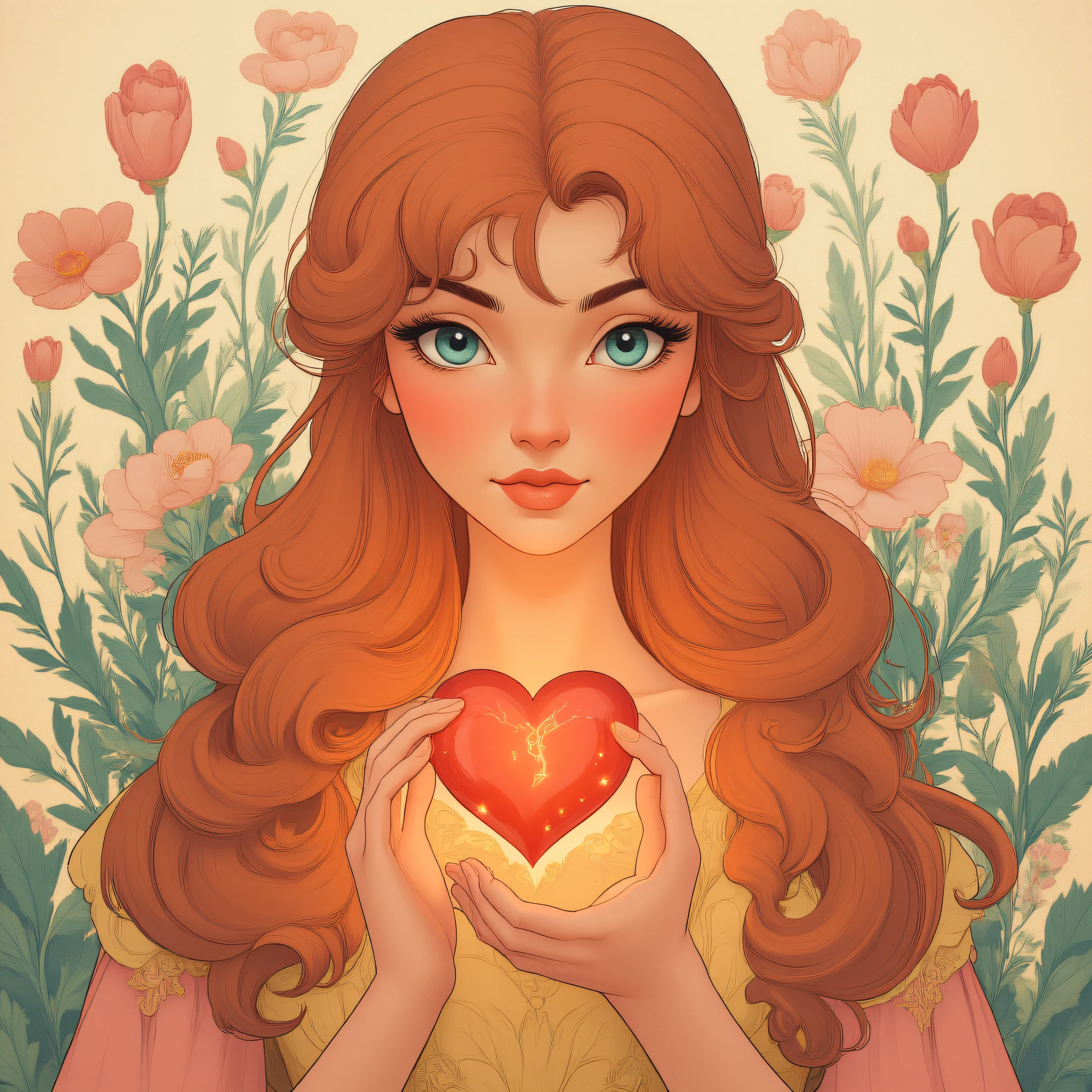 ArsMJStyle, Disney Nouveau, The image shows a woman with long red hair holding a heart in her hands surrounded by plants and flowers. She appears to be a princess with a regal and majestic look on her face., 1girl, solo, long hair, brown hair, flower, blue eyes, looking at viewer, dress, magic, lips