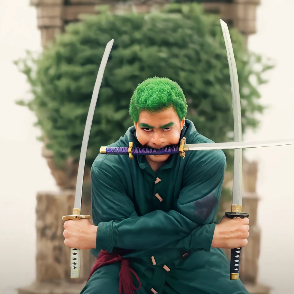 male focus, solo focus, solo, score_9, score_8_up, score_7_up, <lora:3SwordsStyleV1:1> 1boy, green hair, bandama, 3SwordsStyleV1, holding object in mouth, holding in mouth, mouth hold, sword in mouth, weapon, holding weapon, holding, holding sword, 3swords, dual wielding, 3 weapons, 3 swords, weapon, sword