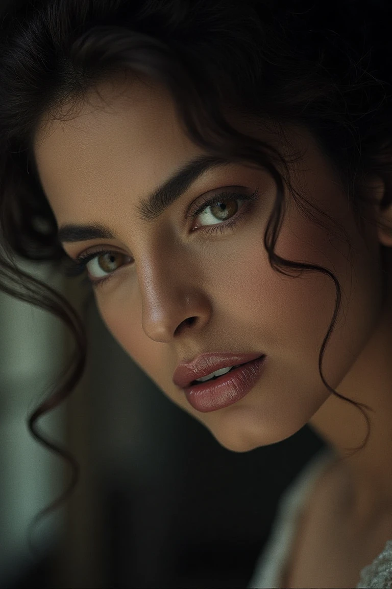 portrait inspired by Peter Lindbergh's photographic style, a woman looking directly into the camera with an intimate and deep expression.