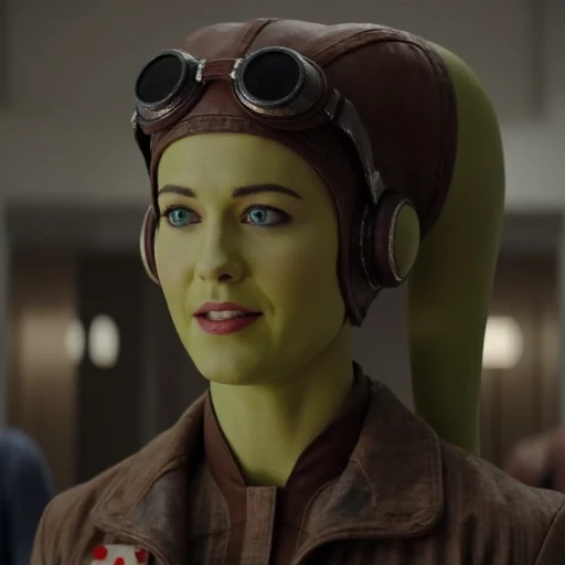 which appears to be a practical element of her costume., almost luminescent green, a distinctive feature of the Gungan species from the Star Wars franchise. She is dressed in a combination of practical and historical attire, has a stern expression and is wearing a distinctive headpiece resembling a large, identifiable by her distinctive green, smooth skin, Hera . The image is a photograph featuring a woman in a futuristic